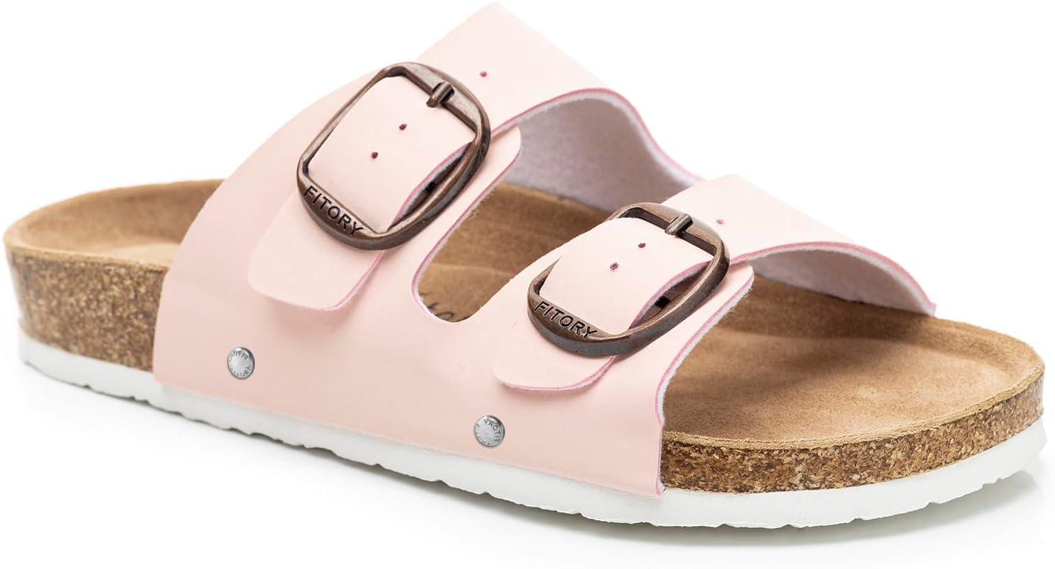 imageFITORY Womens Flat Sandals with Cork Footbed Open Toe Slides Adjustable Slip On Slippers for Summer Size 611Pink
