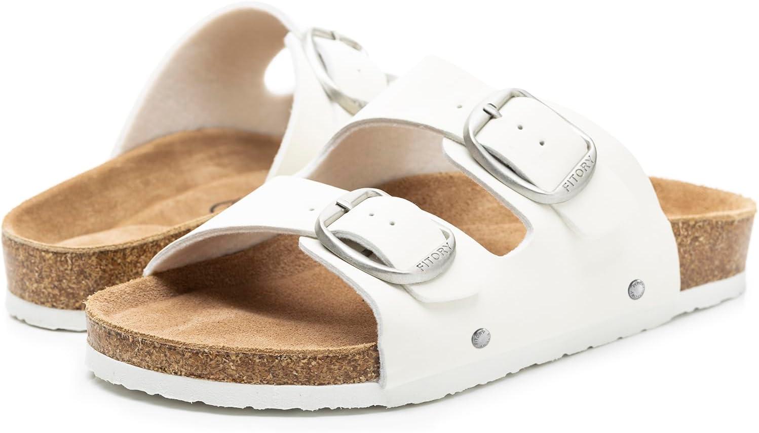 imageFITORY Womens Flat Sandals with Cork Footbed Open Toe Slides Adjustable Slip On Slippers for Summer Size 611White