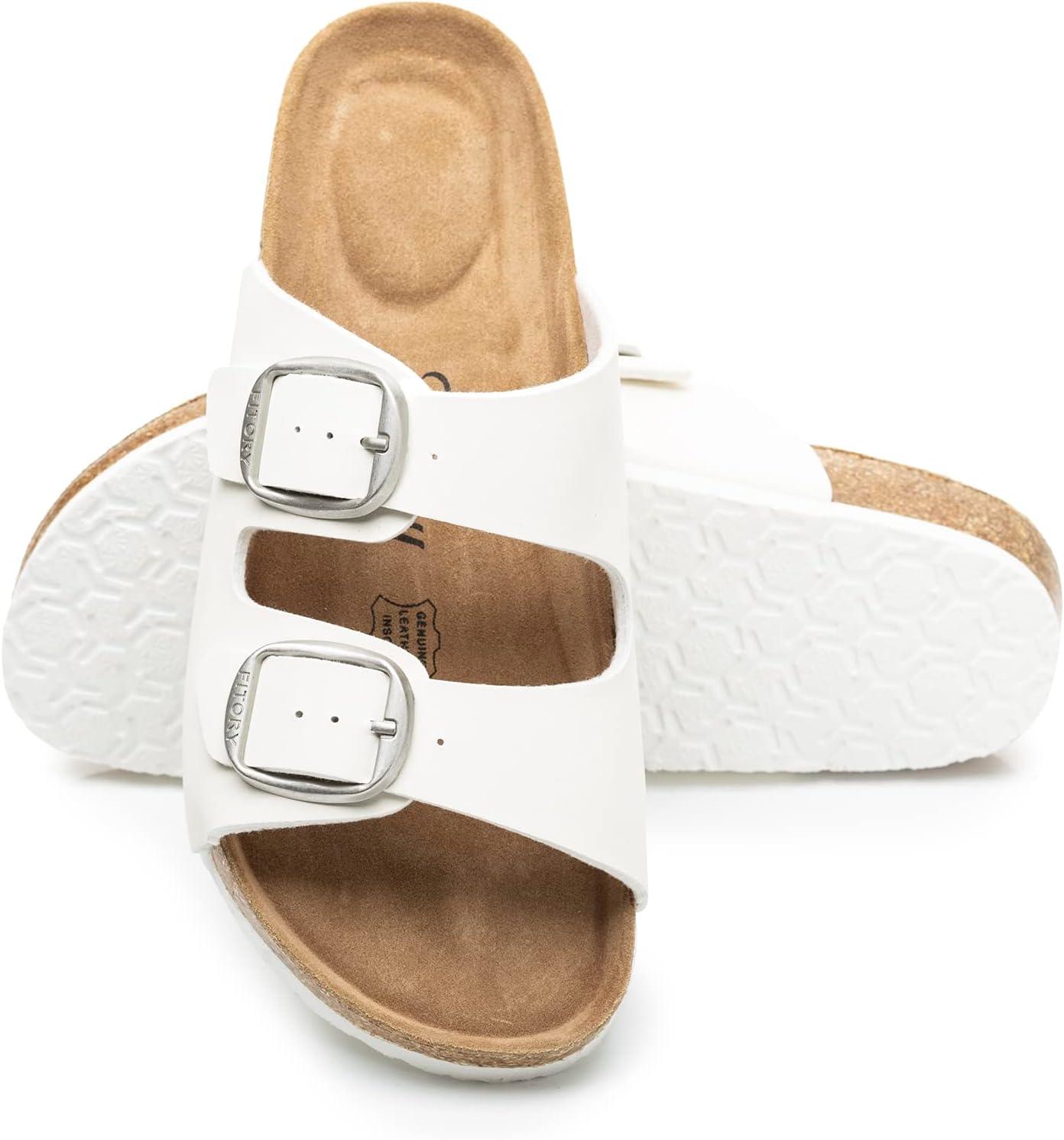 imageFITORY Womens Flat Sandals with Cork Footbed Open Toe Slides Adjustable Slip On Slippers for Summer Size 611White