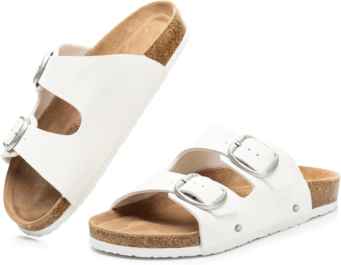 imageFITORY Womens Flat Sandals with Cork Footbed Open Toe Slides Adjustable Slip On Slippers for Summer Size 611White