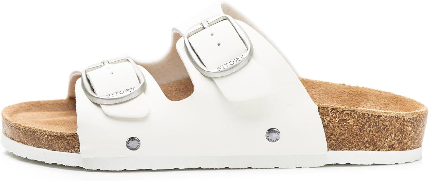 imageFITORY Womens Flat Sandals with Cork Footbed Open Toe Slides Adjustable Slip On Slippers for Summer Size 611White