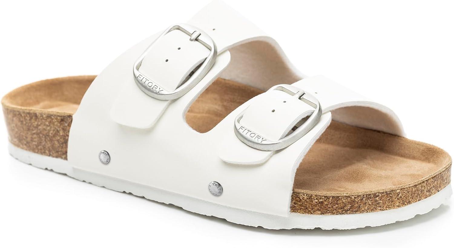 imageFITORY Womens Flat Sandals with Cork Footbed Open Toe Slides Adjustable Slip On Slippers for Summer Size 611White