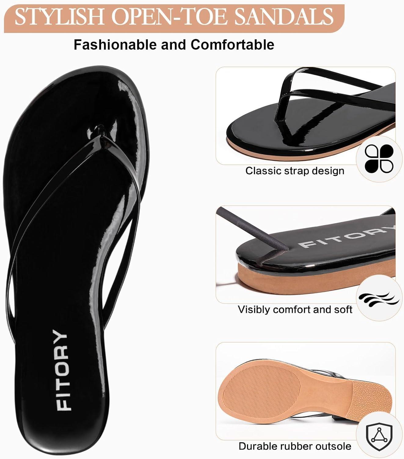 imageFITORY Womens Flip Flops Fashion Casual Thong Walking Slide with Vegan Leather Comfortable Summer Beach Flat Sandals for 2025 Indoor and Outdoor Size 611Black Patent