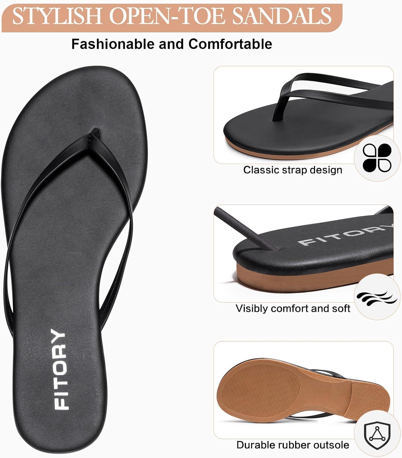 imageFITORY Womens Flip Flops Fashion Casual Thong Walking Slide with Vegan Leather Comfortable Summer Beach Flat Sandals for 2025 Indoor and Outdoor Size 611Black