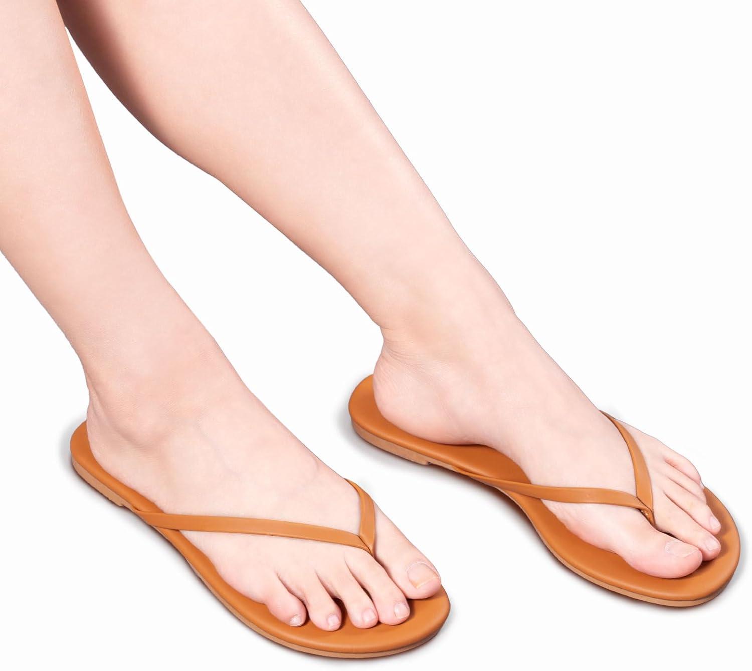 imageFITORY Womens Flip Flops Fashion Casual Thong Walking Slide with Vegan Leather Comfortable Summer Beach Flat Sandals for 2025 Indoor and Outdoor Size 611Brown