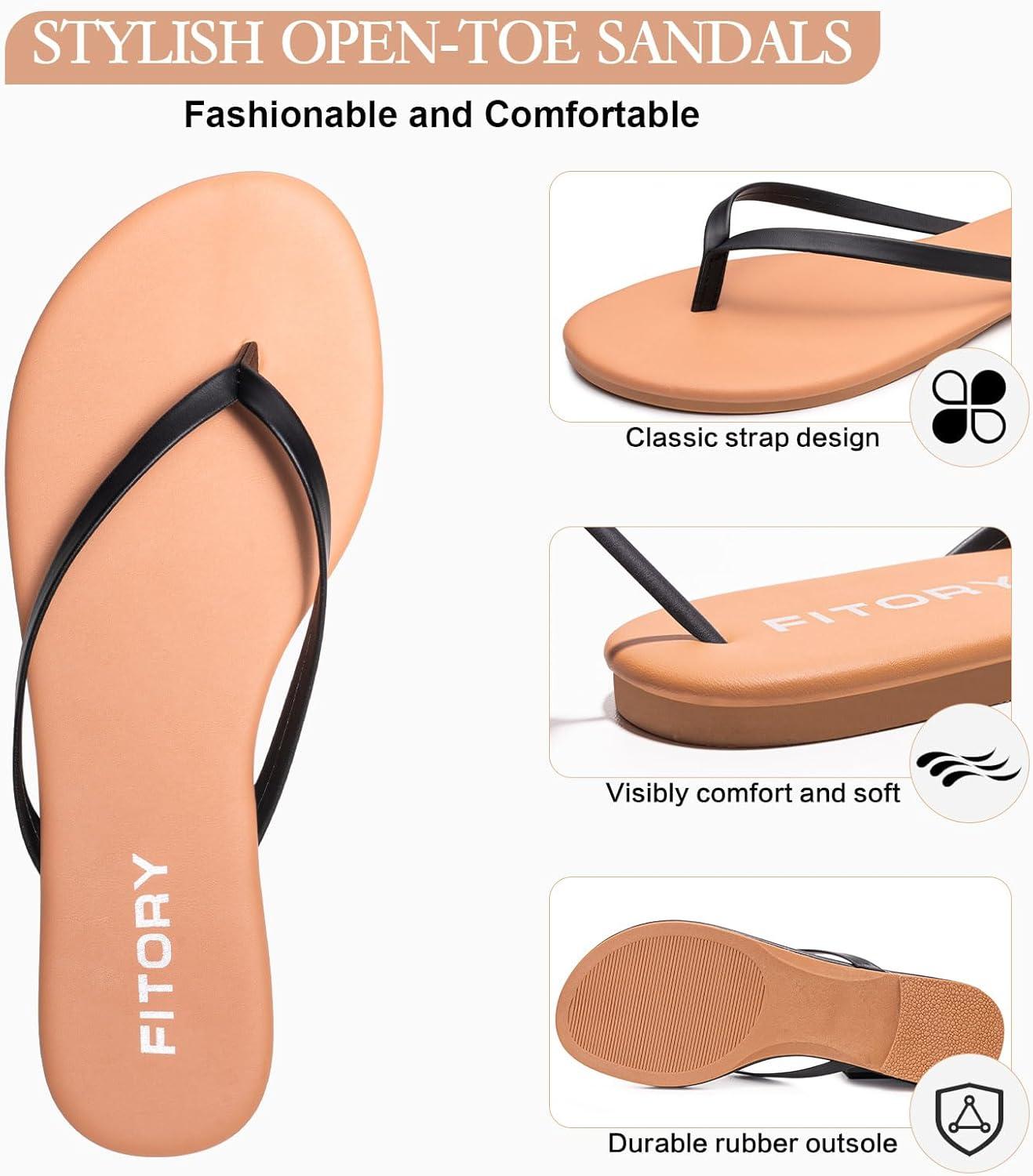 imageFITORY Womens Flip Flops Fashion Casual Thong Walking Slide with Vegan Leather Comfortable Summer Beach Flat Sandals for 2025 Indoor and Outdoor Size 611Black Brown