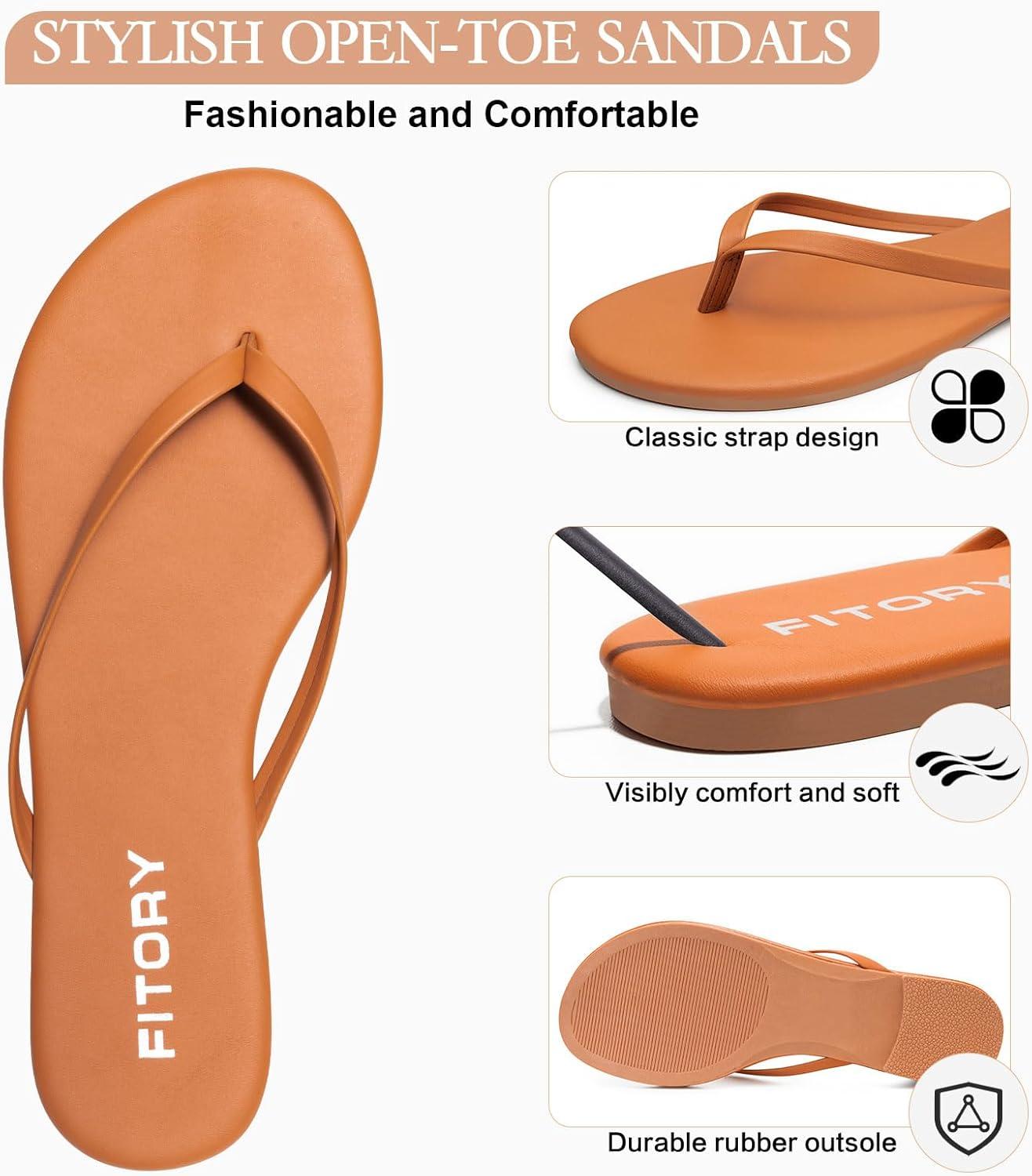 imageFITORY Womens Flip Flops Fashion Casual Thong Walking Slide with Vegan Leather Comfortable Summer Beach Flat Sandals for 2025 Indoor and Outdoor Size 611Brown