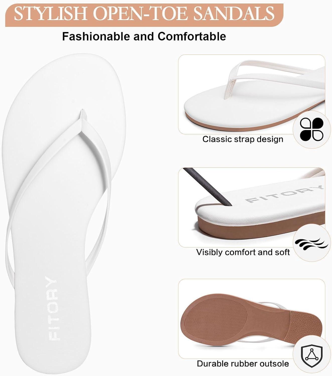 imageFITORY Womens Flip Flops Fashion Casual Thong Walking Slide with Vegan Leather Comfortable Summer Beach Flat Sandals for 2025 Indoor and Outdoor Size 611White