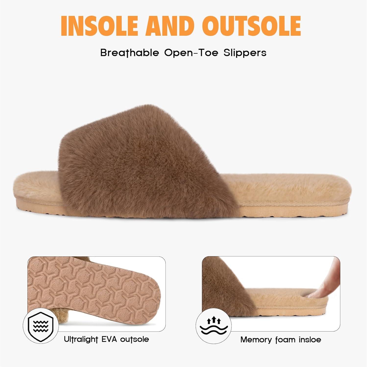 imageFITORY Womens Memory Foam Slippers Cross Band Fuzzy House Shoes with Stylish and Comfy Open Toe for Indoor Outdoor Size 611Browncamel