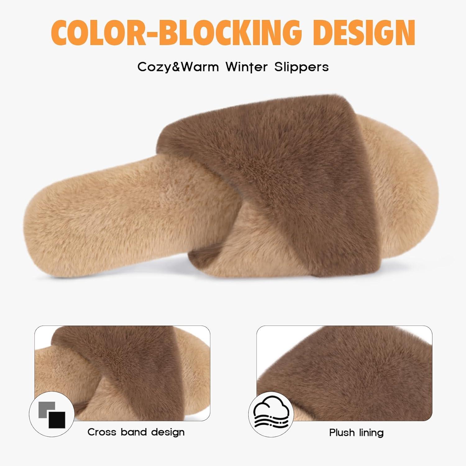 imageFITORY Womens Memory Foam Slippers Cross Band Fuzzy House Shoes with Stylish and Comfy Open Toe for Indoor Outdoor Size 611Browncamel