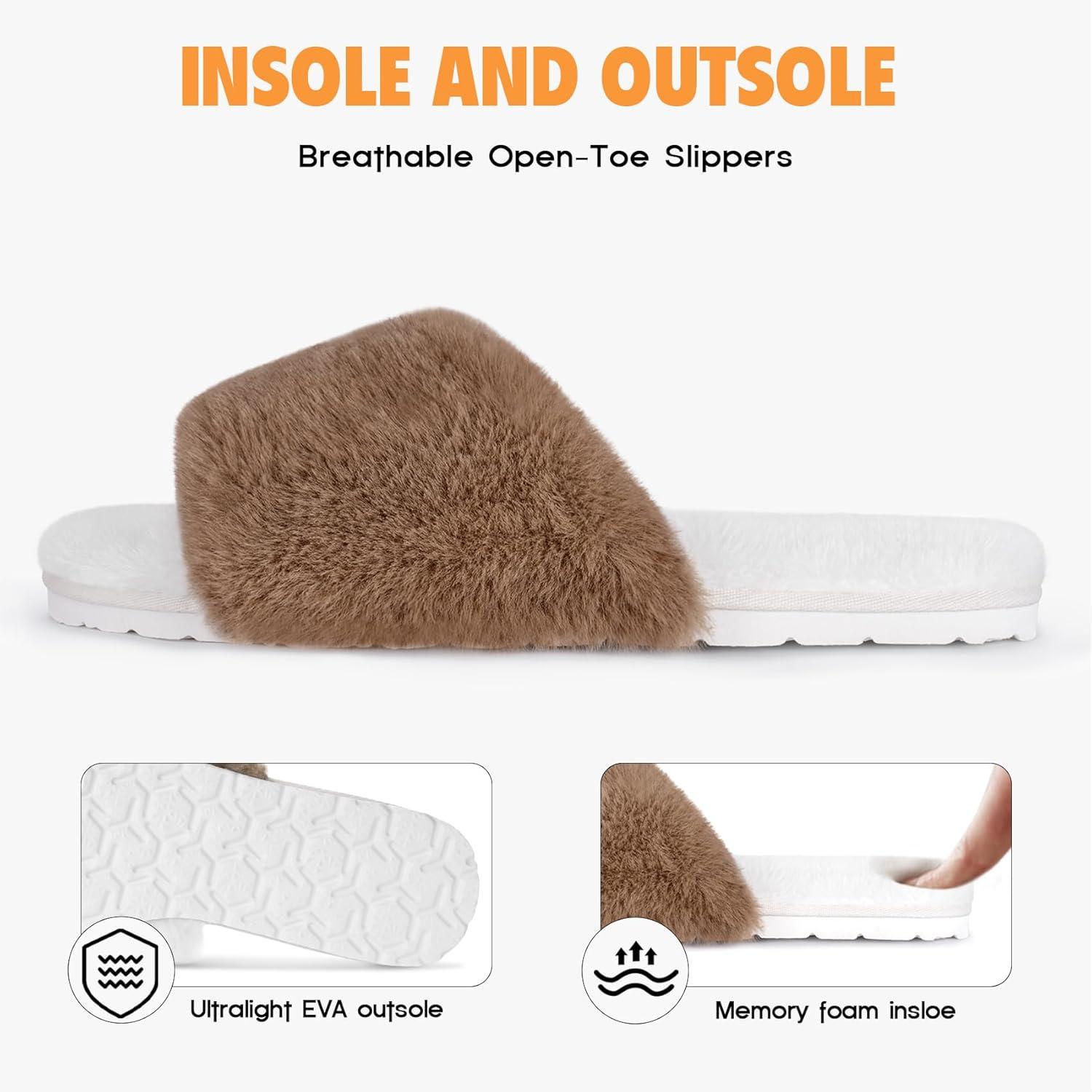 imageFITORY Womens Memory Foam Slippers Cross Band Fuzzy House Shoes with Stylish and Comfy Open Toe for Indoor Outdoor Size 611Brownwhite