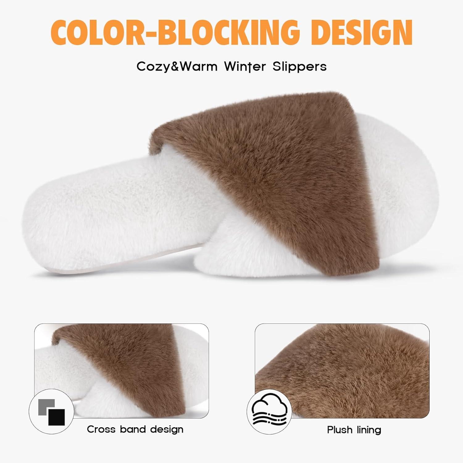 imageFITORY Womens Memory Foam Slippers Cross Band Fuzzy House Shoes with Stylish and Comfy Open Toe for Indoor Outdoor Size 611Brownwhite