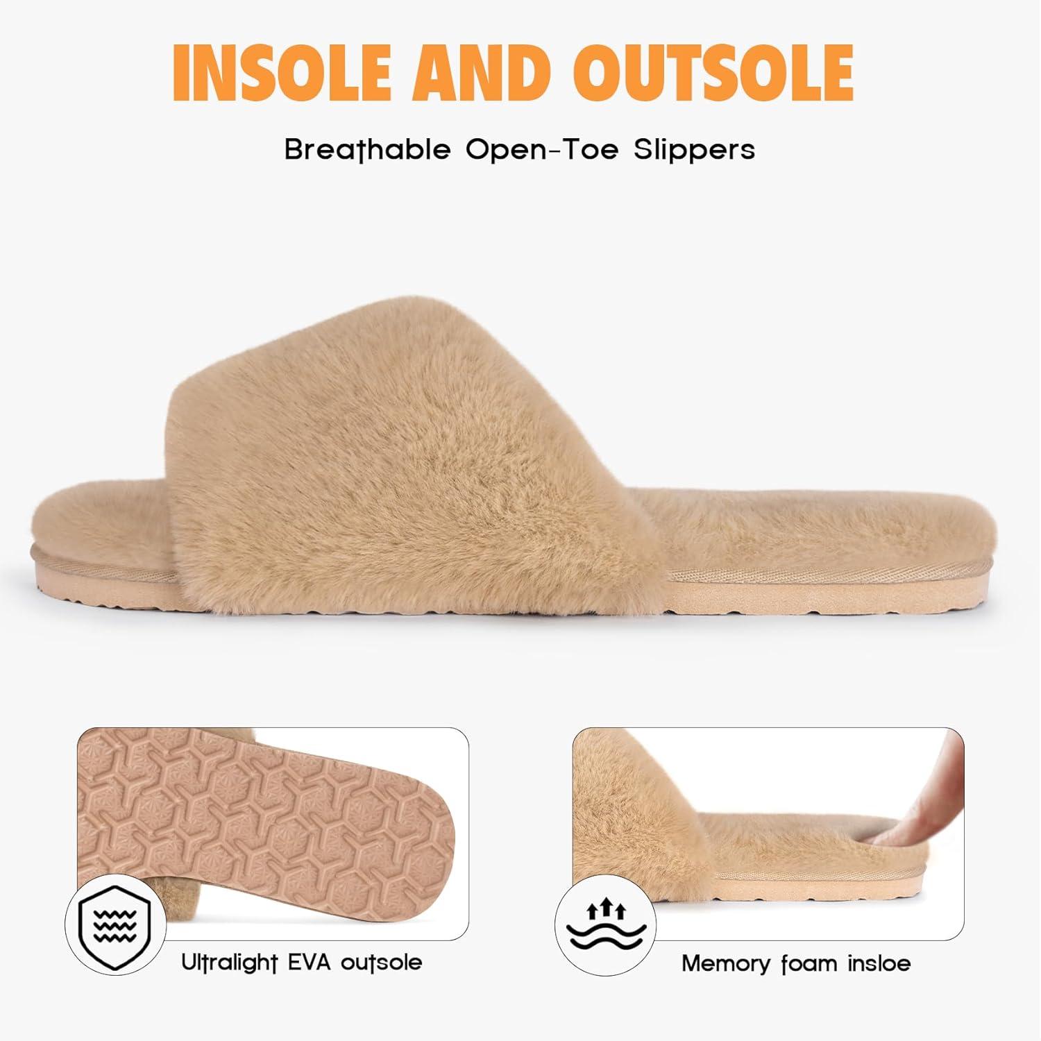 imageFITORY Womens Memory Foam Slippers Cross Band Fuzzy House Shoes with Stylish and Comfy Open Toe for Indoor Outdoor Size 611Camel