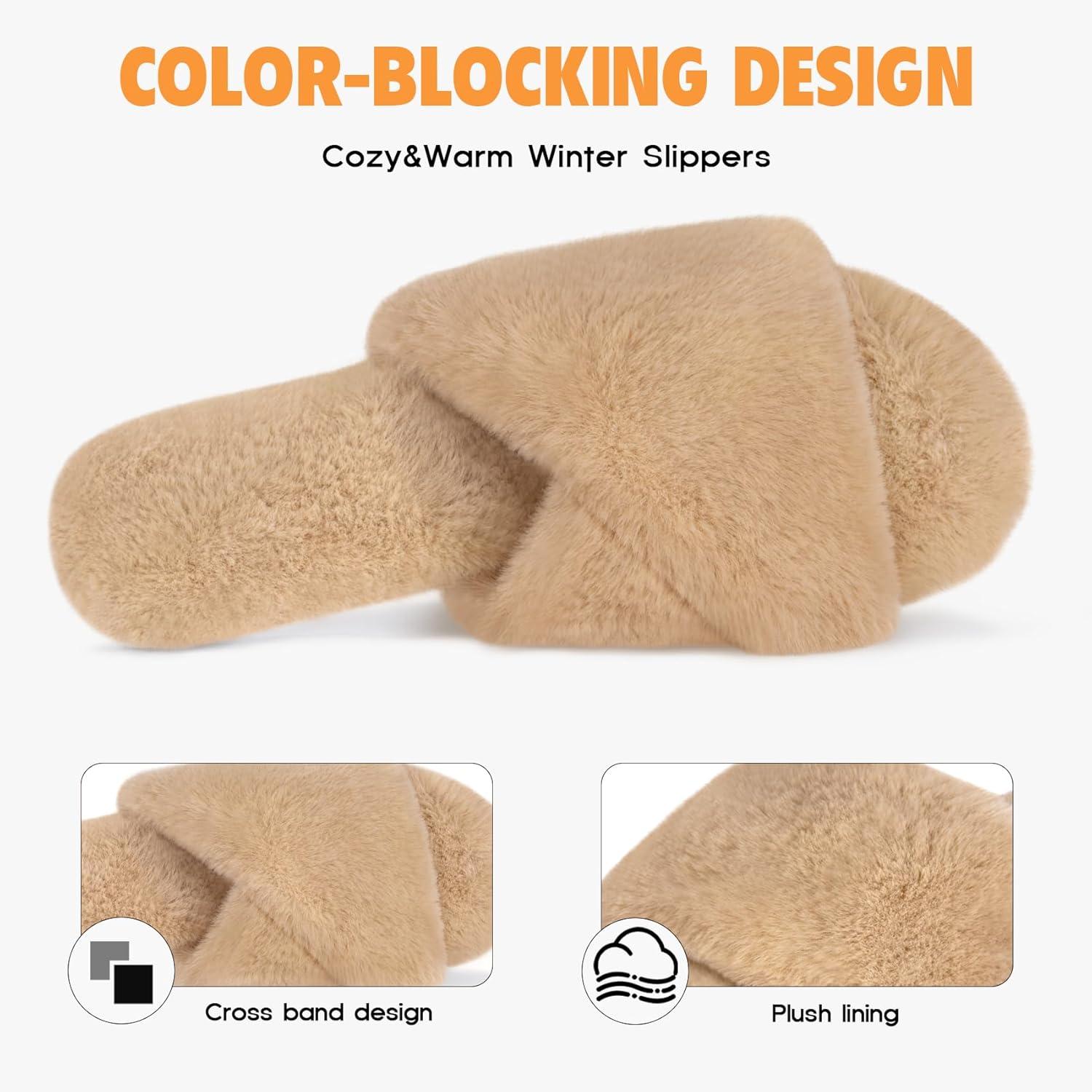 imageFITORY Womens Memory Foam Slippers Cross Band Fuzzy House Shoes with Stylish and Comfy Open Toe for Indoor Outdoor Size 611Camel