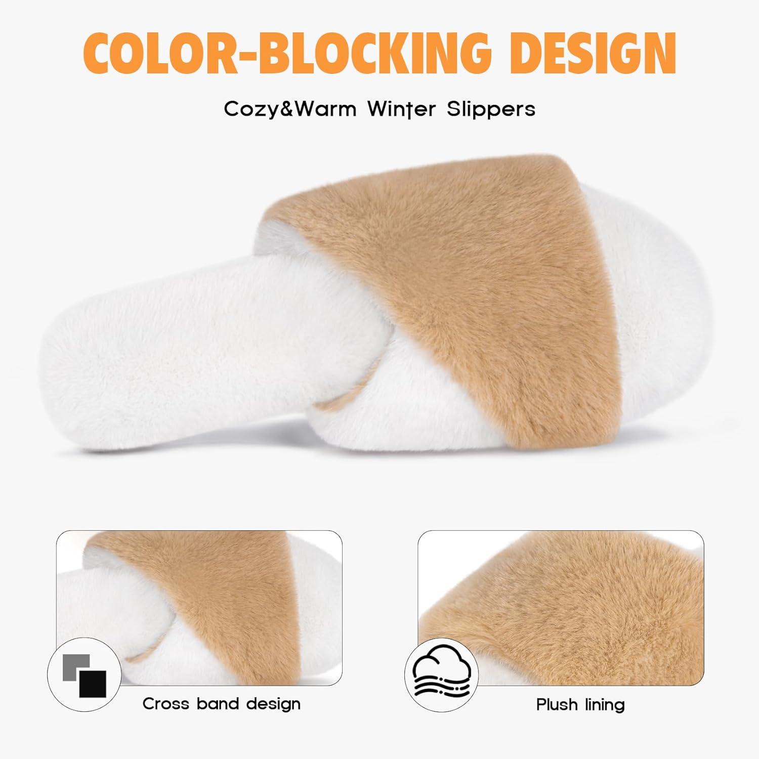 imageFITORY Womens Memory Foam Slippers Cross Band Fuzzy House Shoes with Stylish and Comfy Open Toe for Indoor Outdoor Size 611Camelwhite