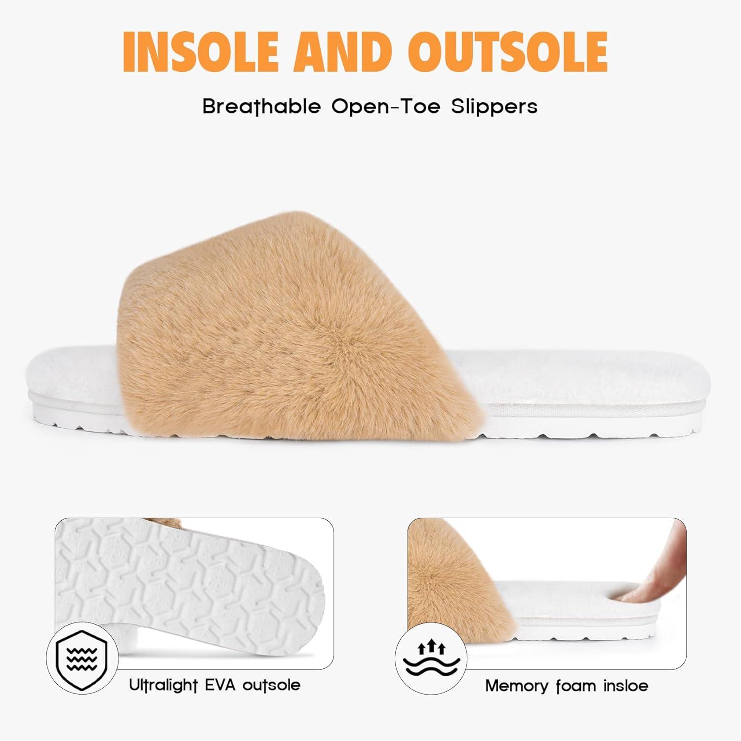 imageFITORY Womens Memory Foam Slippers Cross Band Fuzzy House Shoes with Stylish and Comfy Open Toe for Indoor Outdoor Size 611Camelwhite