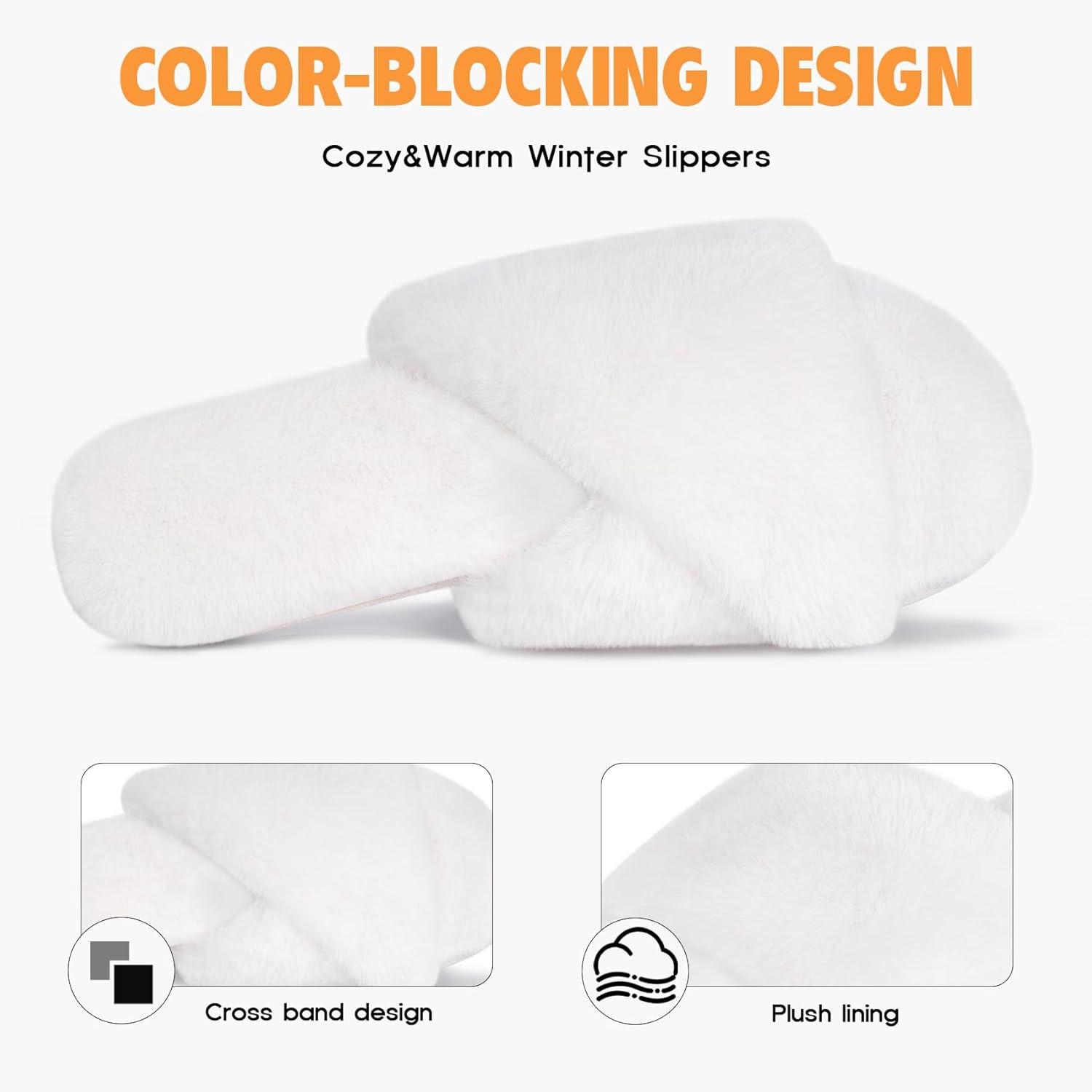 imageFITORY Womens Memory Foam Slippers Cross Band Fuzzy House Shoes with Stylish and Comfy Open Toe for Indoor Outdoor Size 611White