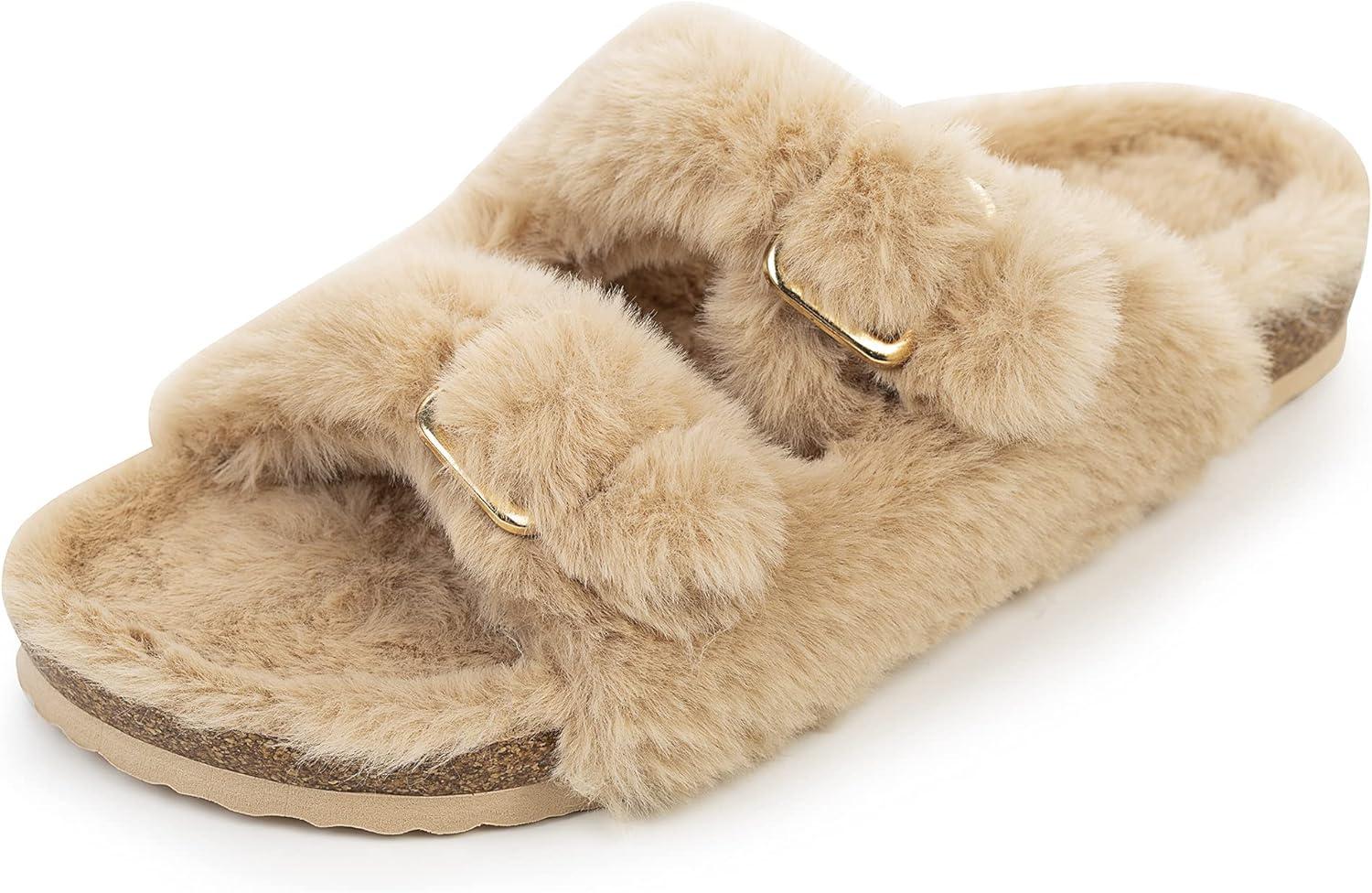 imageFITORY Womens Open Toe Slipper with Cozy LiningFaux Rabbit Fur Cork Slide Sandals Size 611
