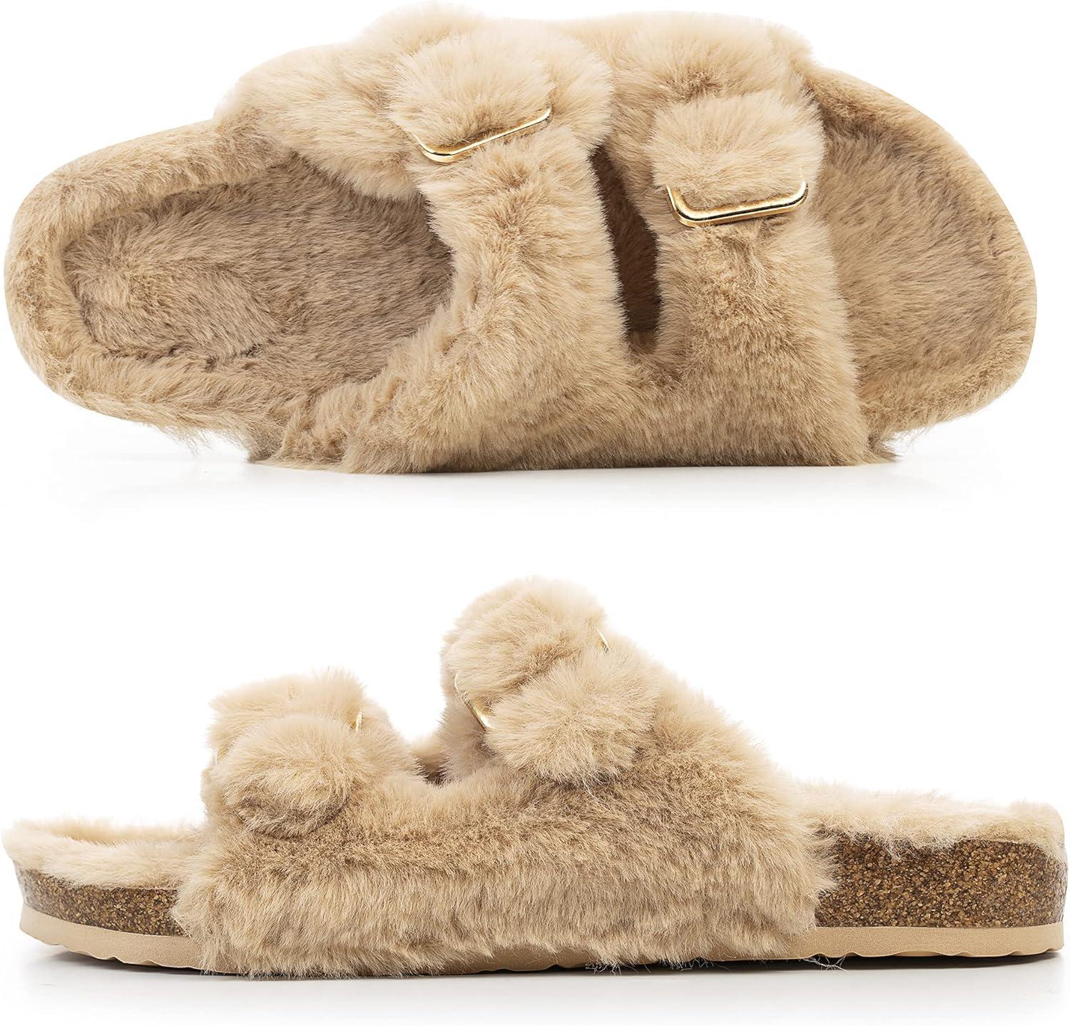 imageFITORY Womens Open Toe Slipper with Cozy LiningFaux Rabbit Fur Cork Slide Sandals Size 611
