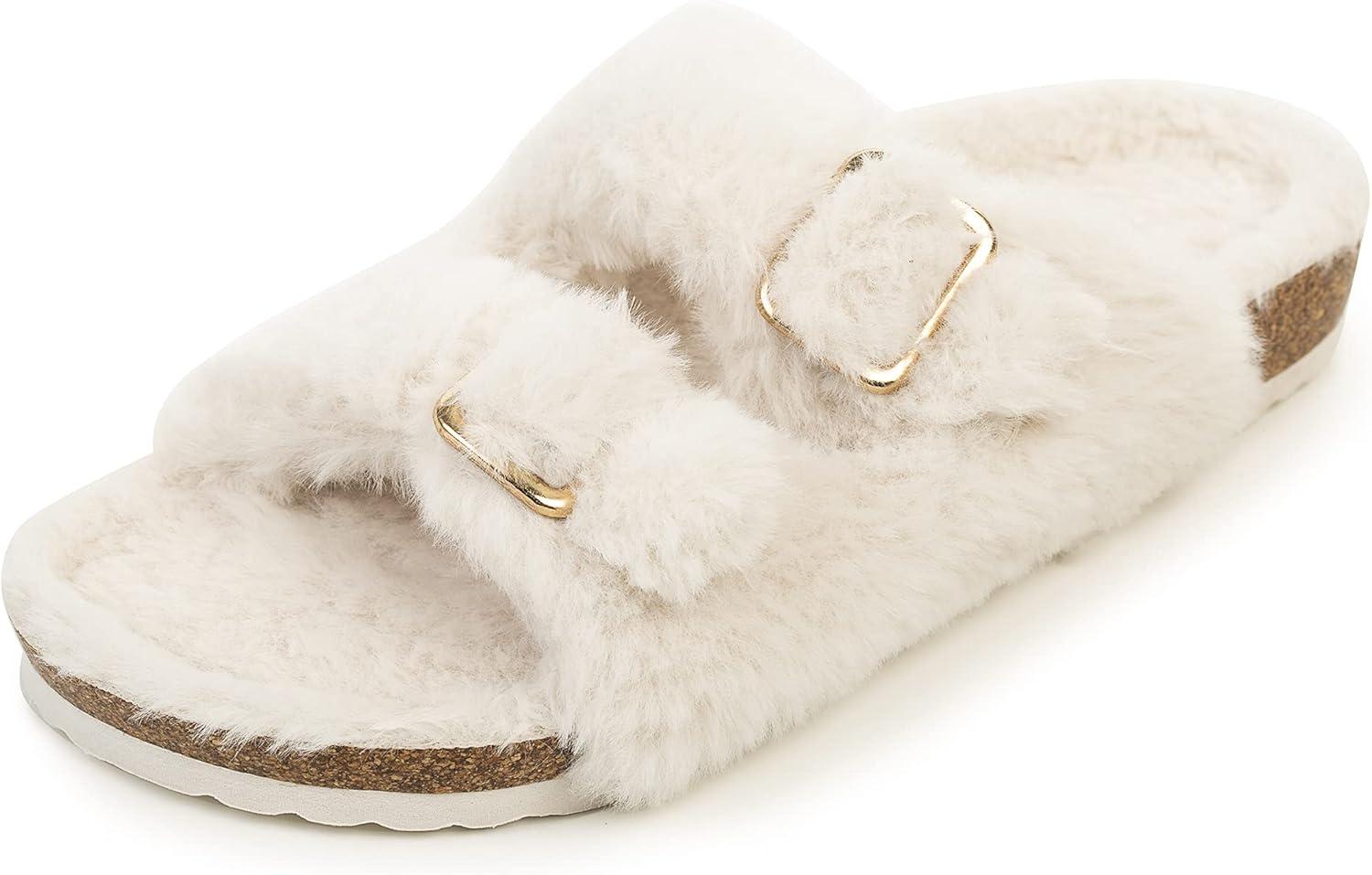 imageFITORY Womens Open Toe Slipper with Cozy LiningFaux Rabbit Fur Cork Slide Sandals Size 611Beige