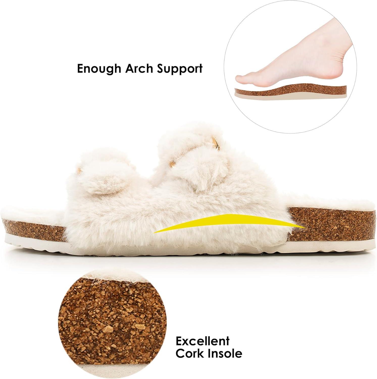imageFITORY Womens Open Toe Slipper with Cozy LiningFaux Rabbit Fur Cork Slide Sandals Size 611Beige