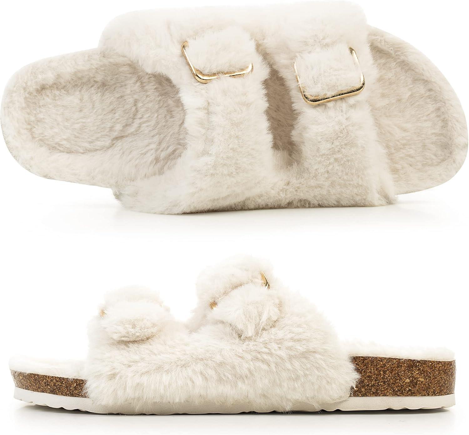 imageFITORY Womens Open Toe Slipper with Cozy LiningFaux Rabbit Fur Cork Slide Sandals Size 611Beige