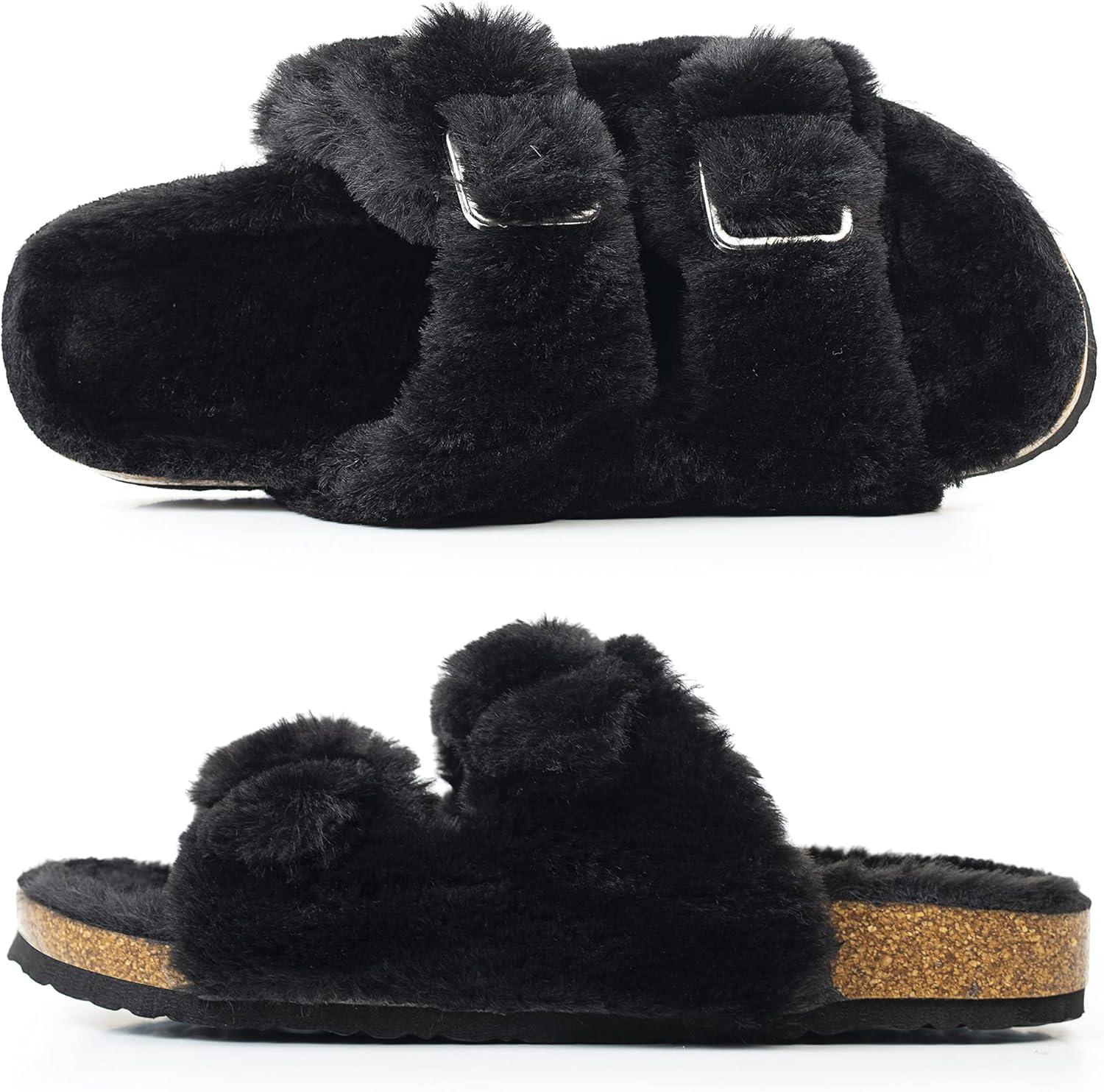 imageFITORY Womens Open Toe Slipper with Cozy LiningFaux Rabbit Fur Cork Slide Sandals Size 611Black