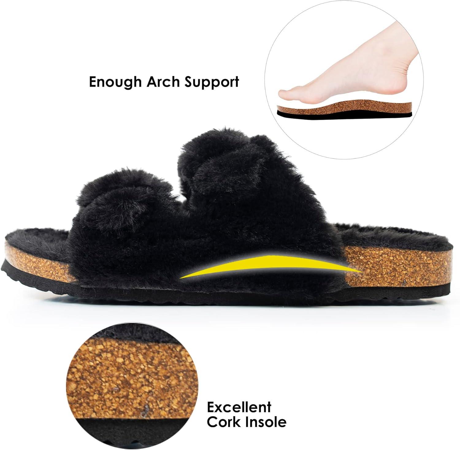 imageFITORY Womens Open Toe Slipper with Cozy LiningFaux Rabbit Fur Cork Slide Sandals Size 611Black