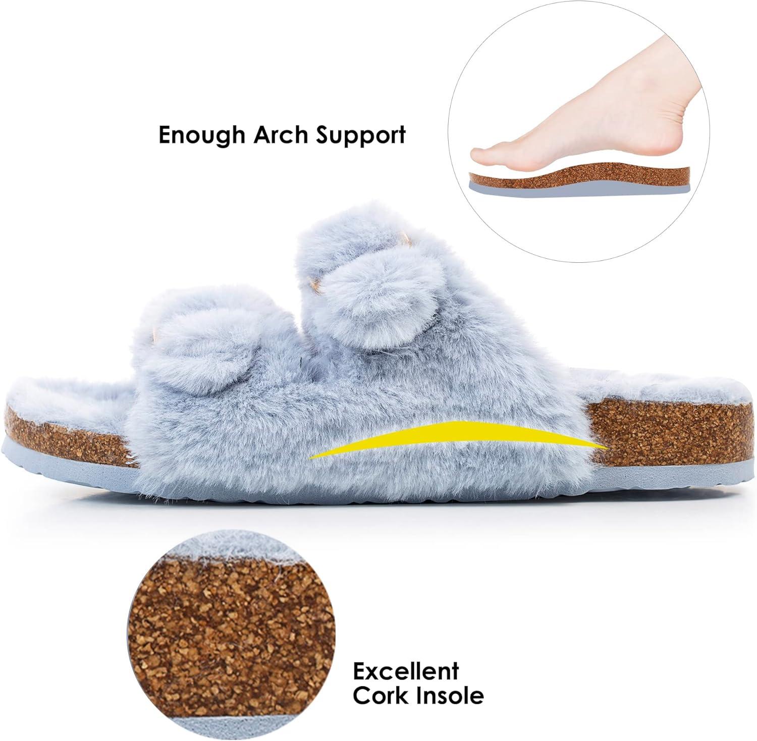 imageFITORY Womens Open Toe Slipper with Cozy LiningFaux Rabbit Fur Cork Slide Sandals Size 611Blue