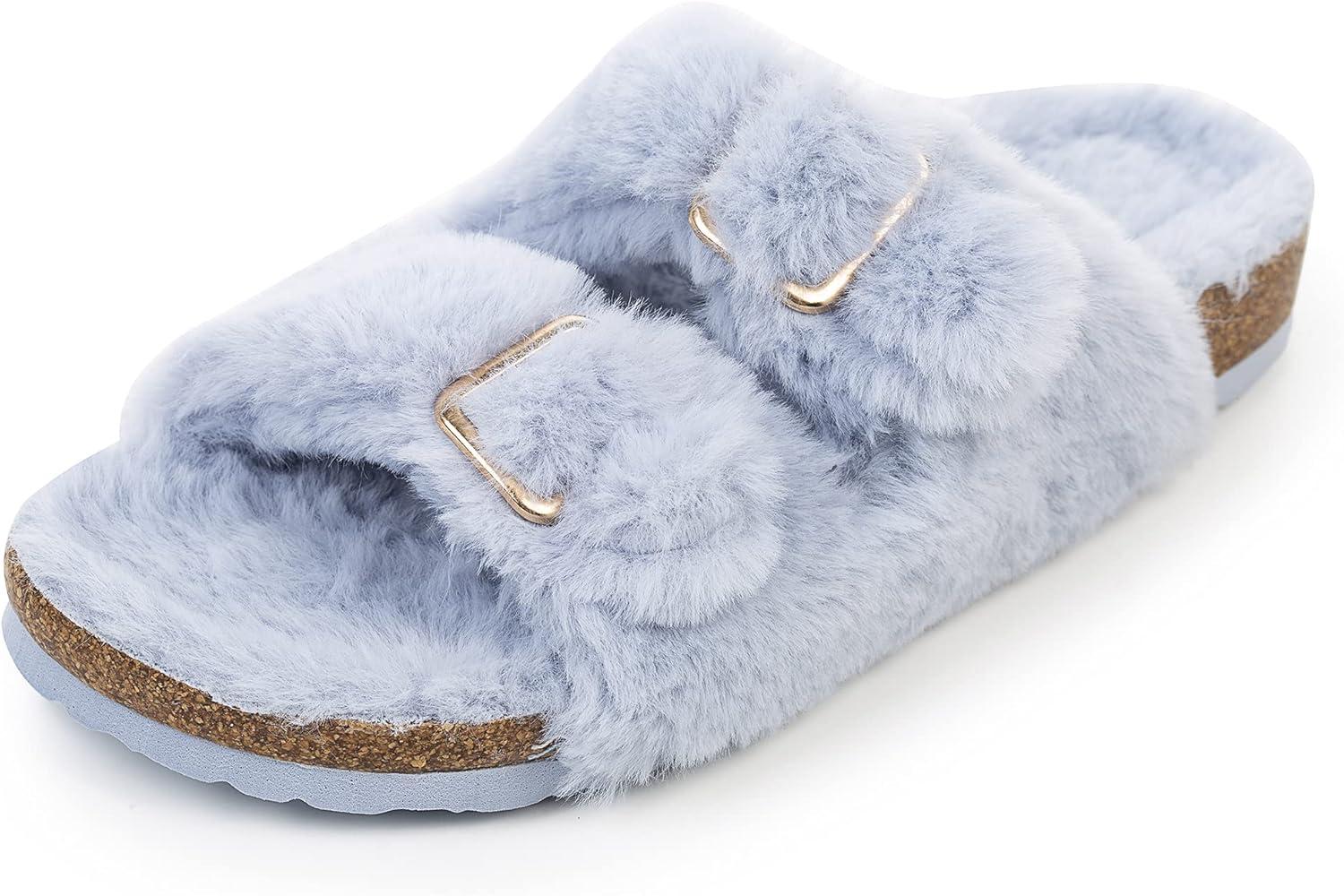 imageFITORY Womens Open Toe Slipper with Cozy LiningFaux Rabbit Fur Cork Slide Sandals Size 611Blue