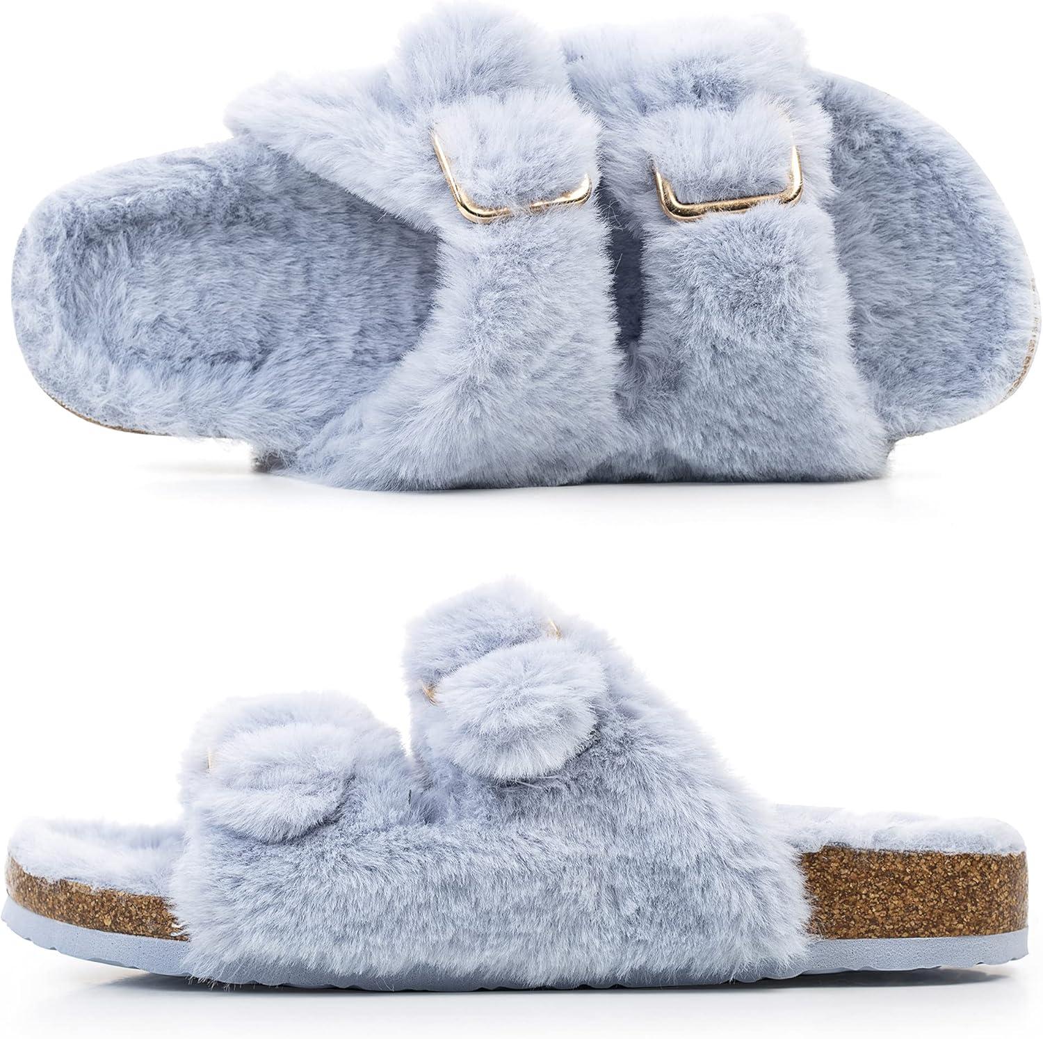 imageFITORY Womens Open Toe Slipper with Cozy LiningFaux Rabbit Fur Cork Slide Sandals Size 611Blue