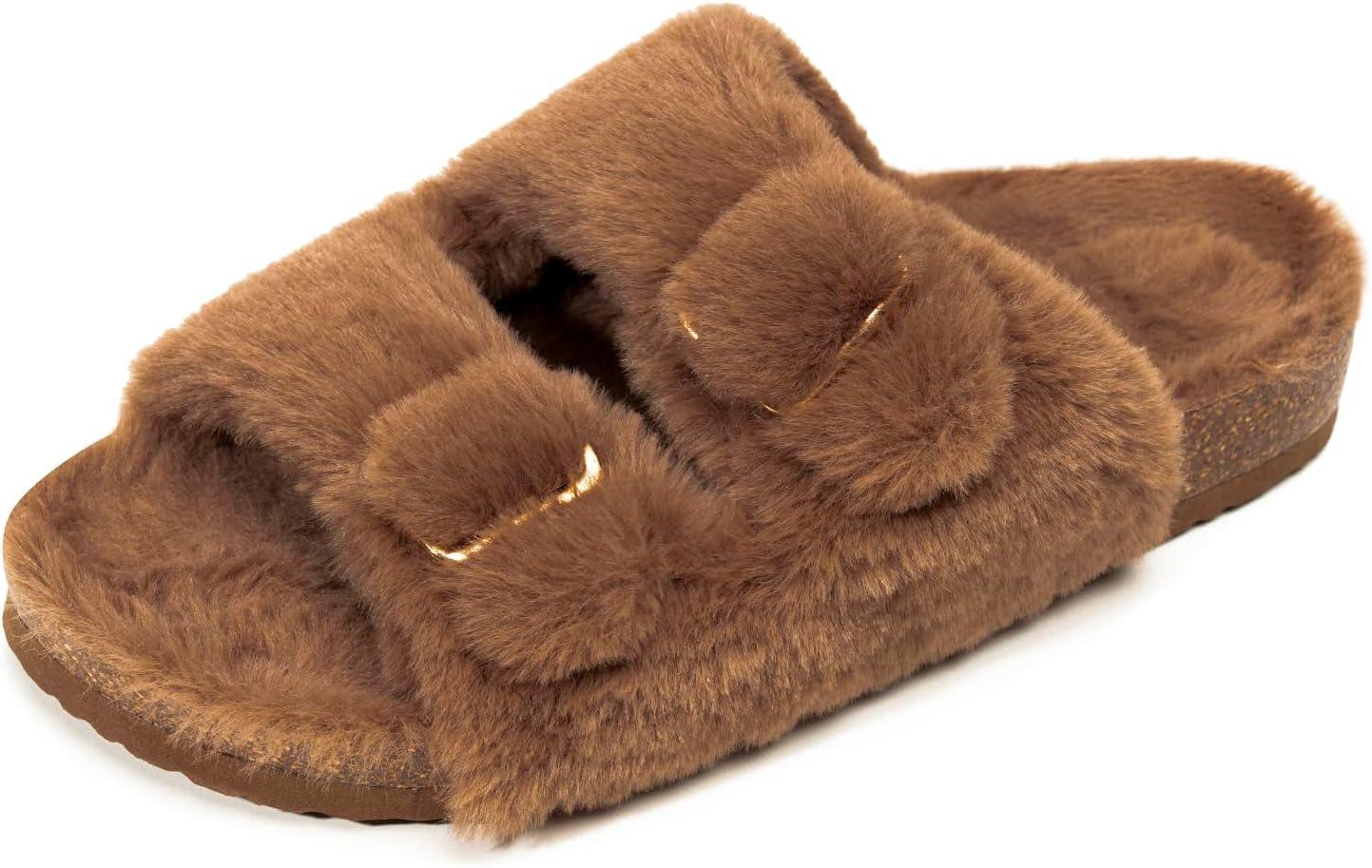 imageFITORY Womens Open Toe Slipper with Cozy LiningFaux Rabbit Fur Cork Slide Sandals Size 611Brown
