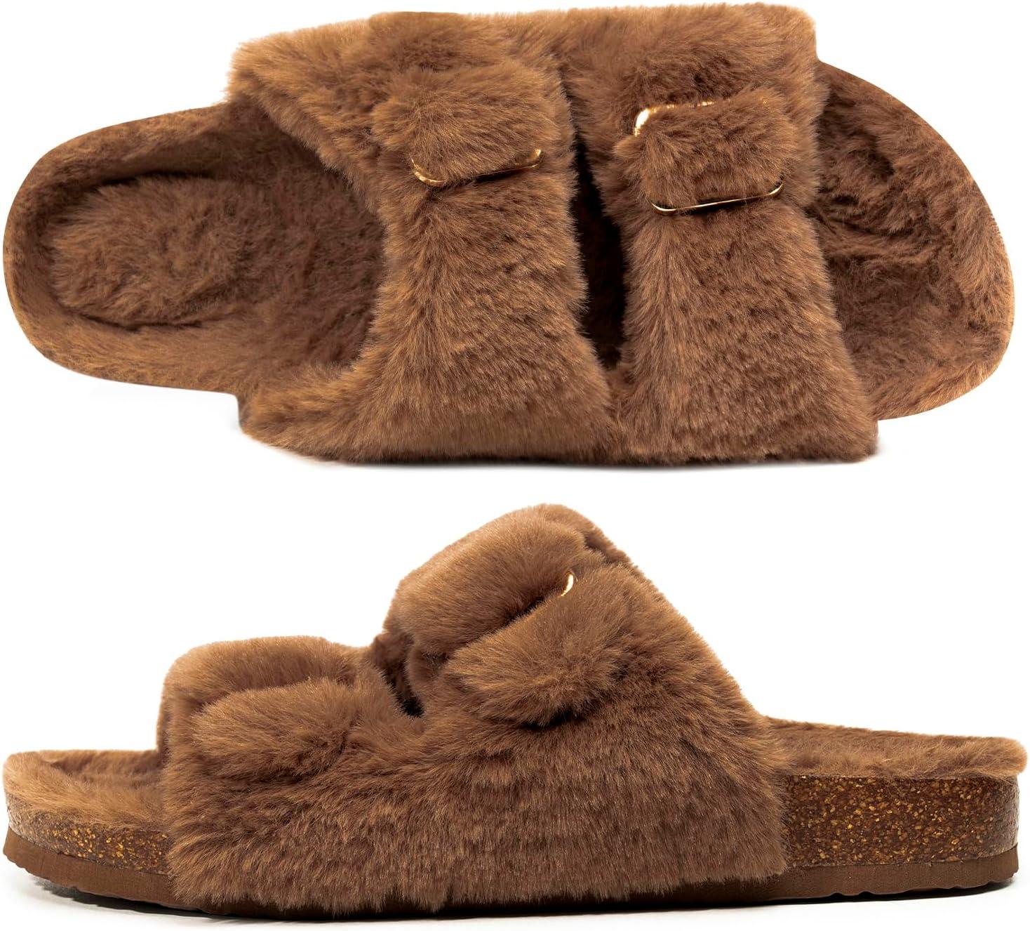 imageFITORY Womens Open Toe Slipper with Cozy LiningFaux Rabbit Fur Cork Slide Sandals Size 611Brown