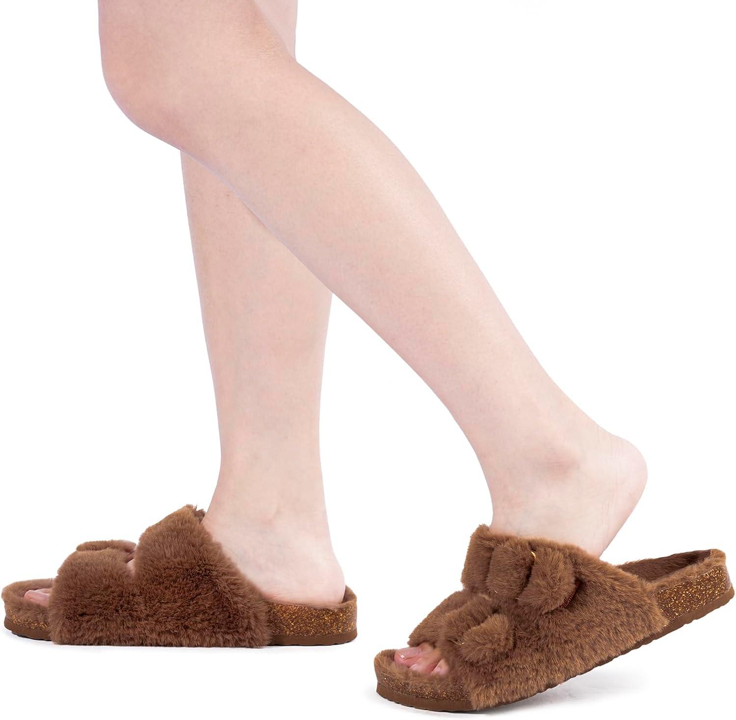 imageFITORY Womens Open Toe Slipper with Cozy LiningFaux Rabbit Fur Cork Slide Sandals Size 611Brown