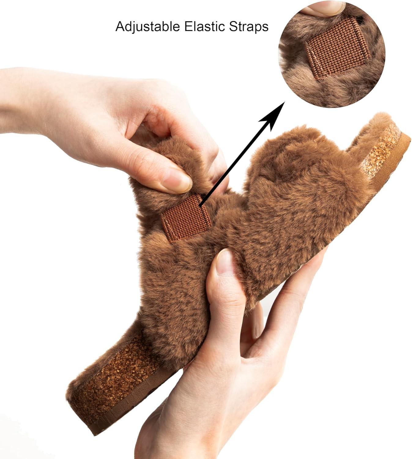 imageFITORY Womens Open Toe Slipper with Cozy LiningFaux Rabbit Fur Cork Slide Sandals Size 611Brown