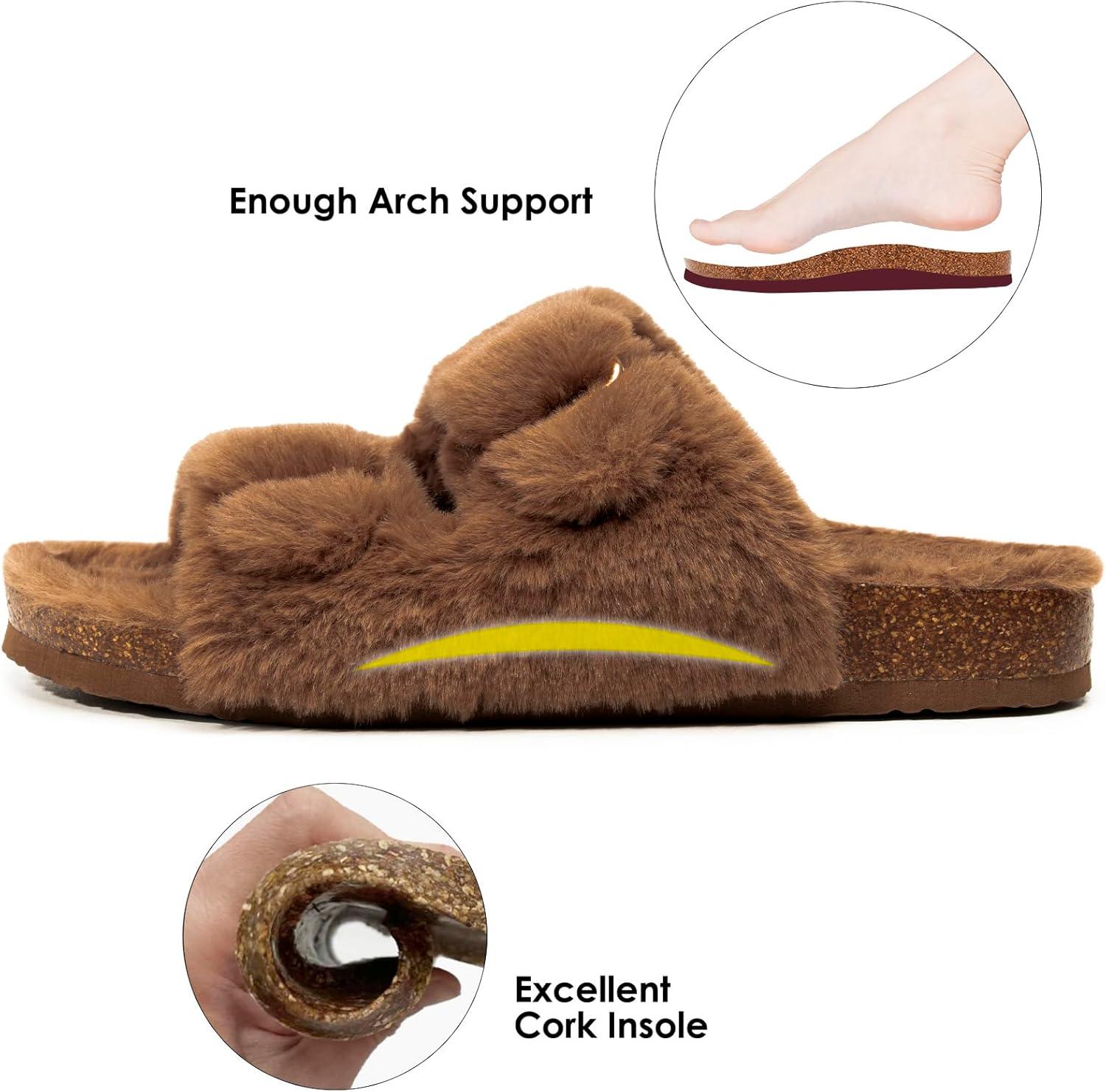imageFITORY Womens Open Toe Slipper with Cozy LiningFaux Rabbit Fur Cork Slide Sandals Size 611Brown