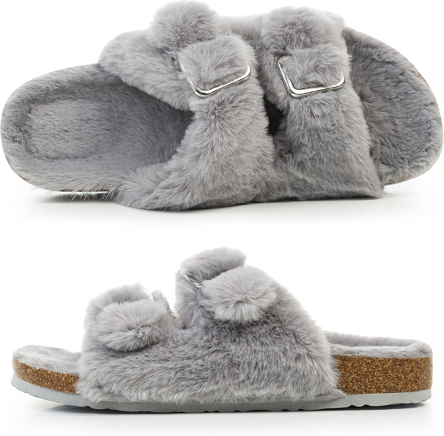 imageFITORY Womens Open Toe Slipper with Cozy LiningFaux Rabbit Fur Cork Slide Sandals Size 611Grey