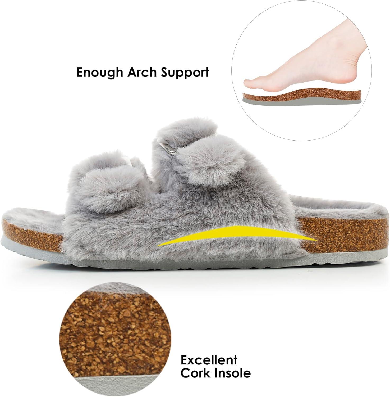 imageFITORY Womens Open Toe Slipper with Cozy LiningFaux Rabbit Fur Cork Slide Sandals Size 611Grey