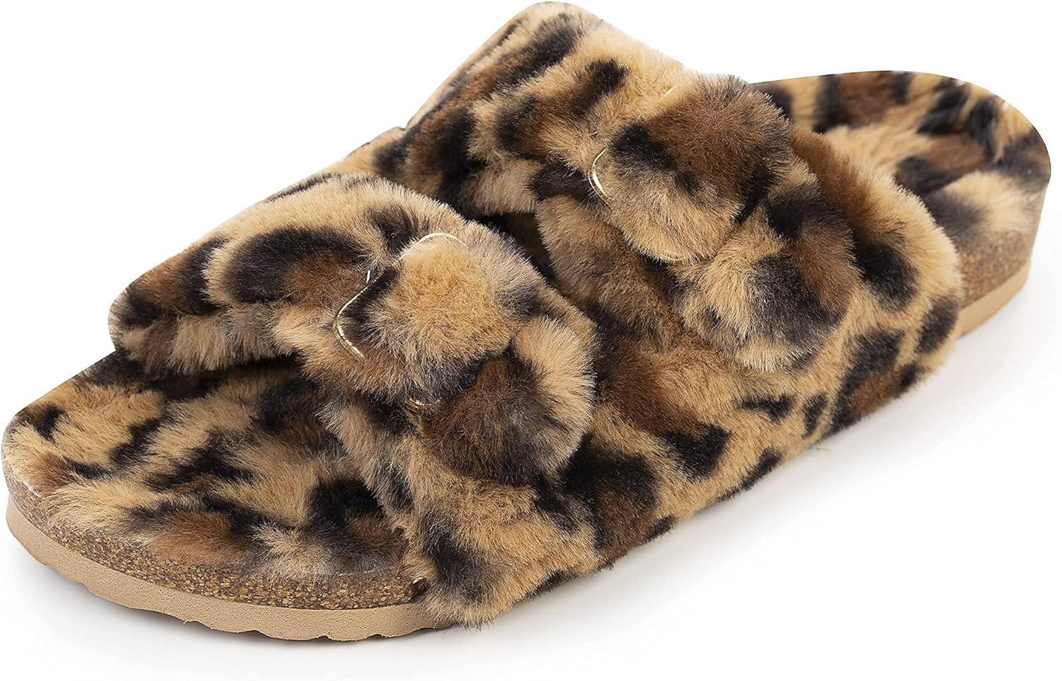 imageFITORY Womens Open Toe Slipper with Cozy LiningFaux Rabbit Fur Cork Slide Sandals Size 611Leopard