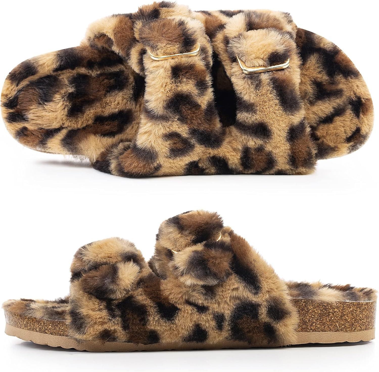 imageFITORY Womens Open Toe Slipper with Cozy LiningFaux Rabbit Fur Cork Slide Sandals Size 611Leopard