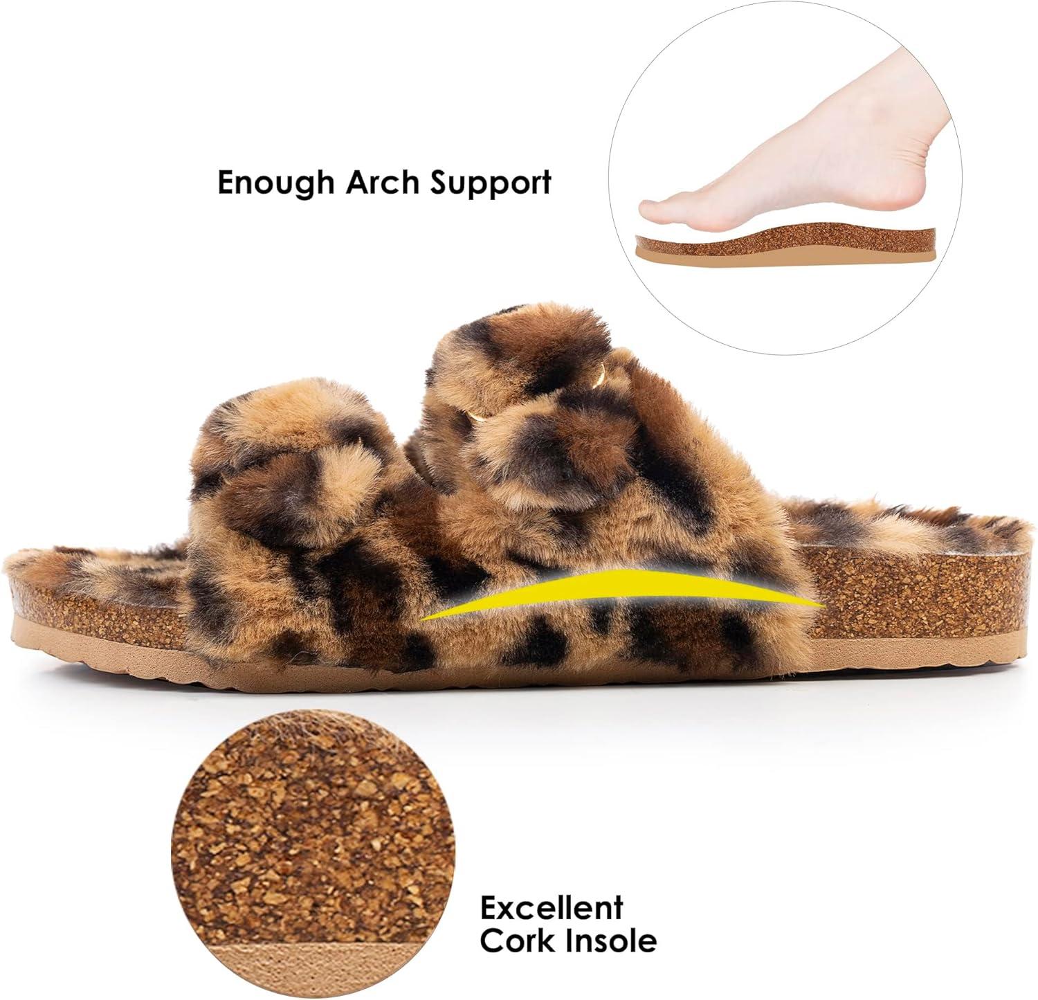 imageFITORY Womens Open Toe Slipper with Cozy LiningFaux Rabbit Fur Cork Slide Sandals Size 611Leopard