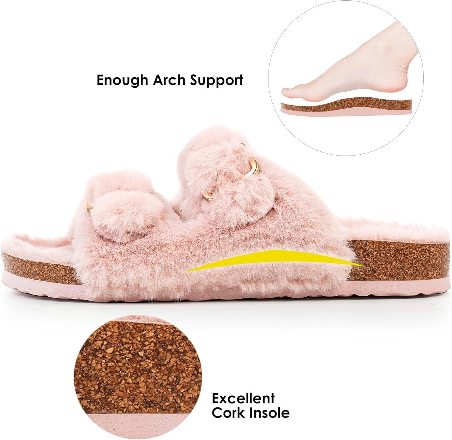 imageFITORY Womens Open Toe Slipper with Cozy LiningFaux Rabbit Fur Cork Slide Sandals Size 611Pink