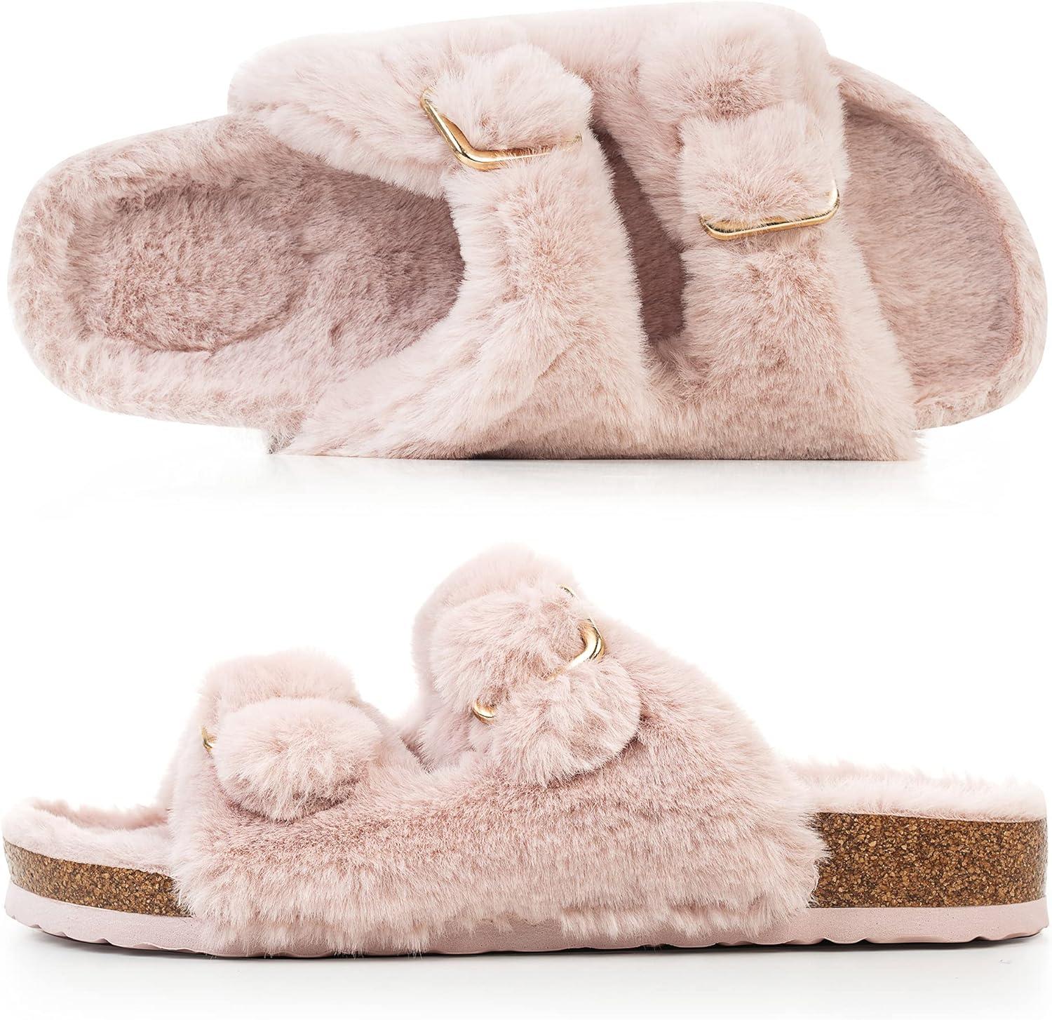imageFITORY Womens Open Toe Slipper with Cozy LiningFaux Rabbit Fur Cork Slide Sandals Size 611Pink