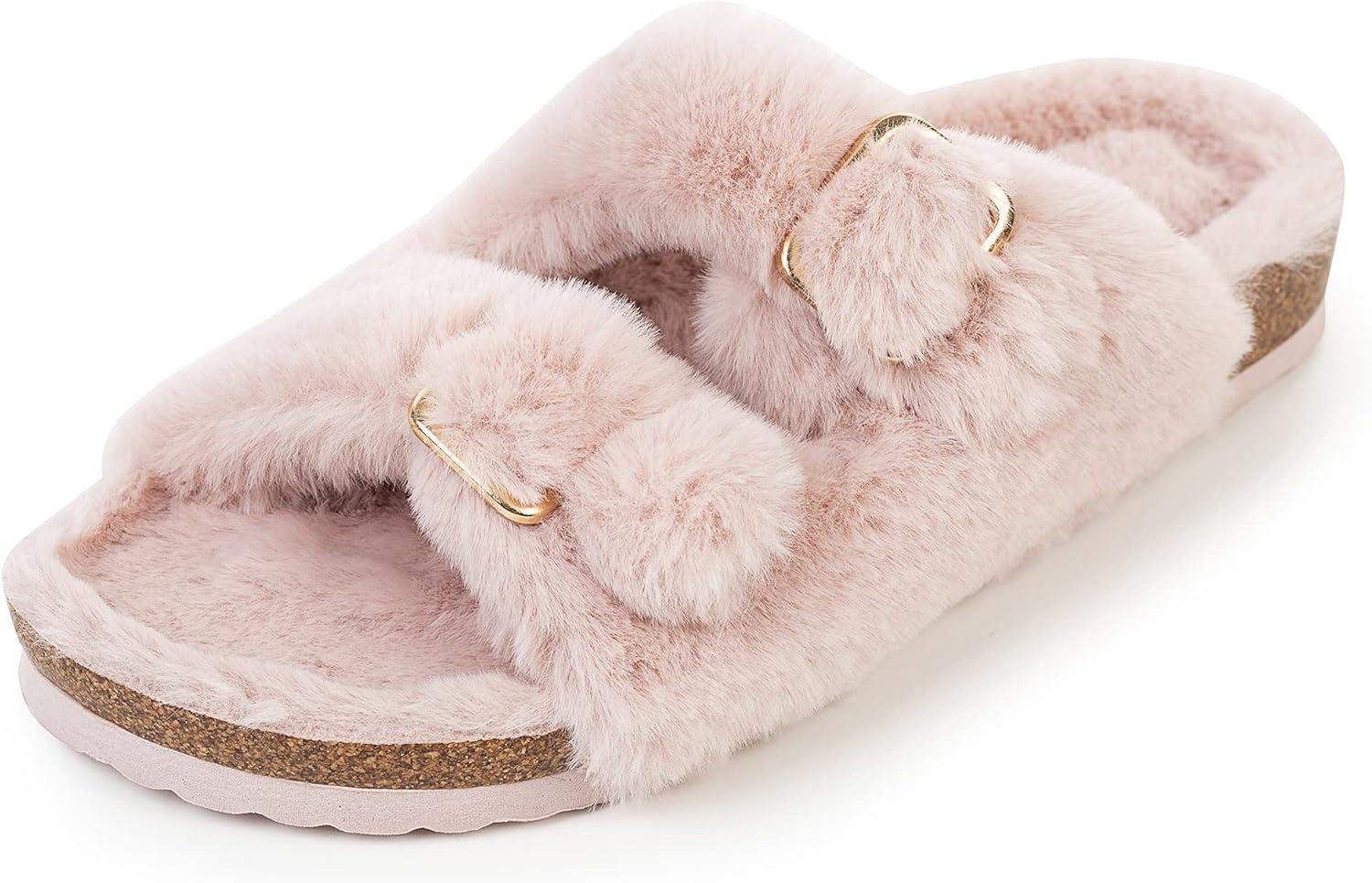 imageFITORY Womens Open Toe Slipper with Cozy LiningFaux Rabbit Fur Cork Slide Sandals Size 611Pink