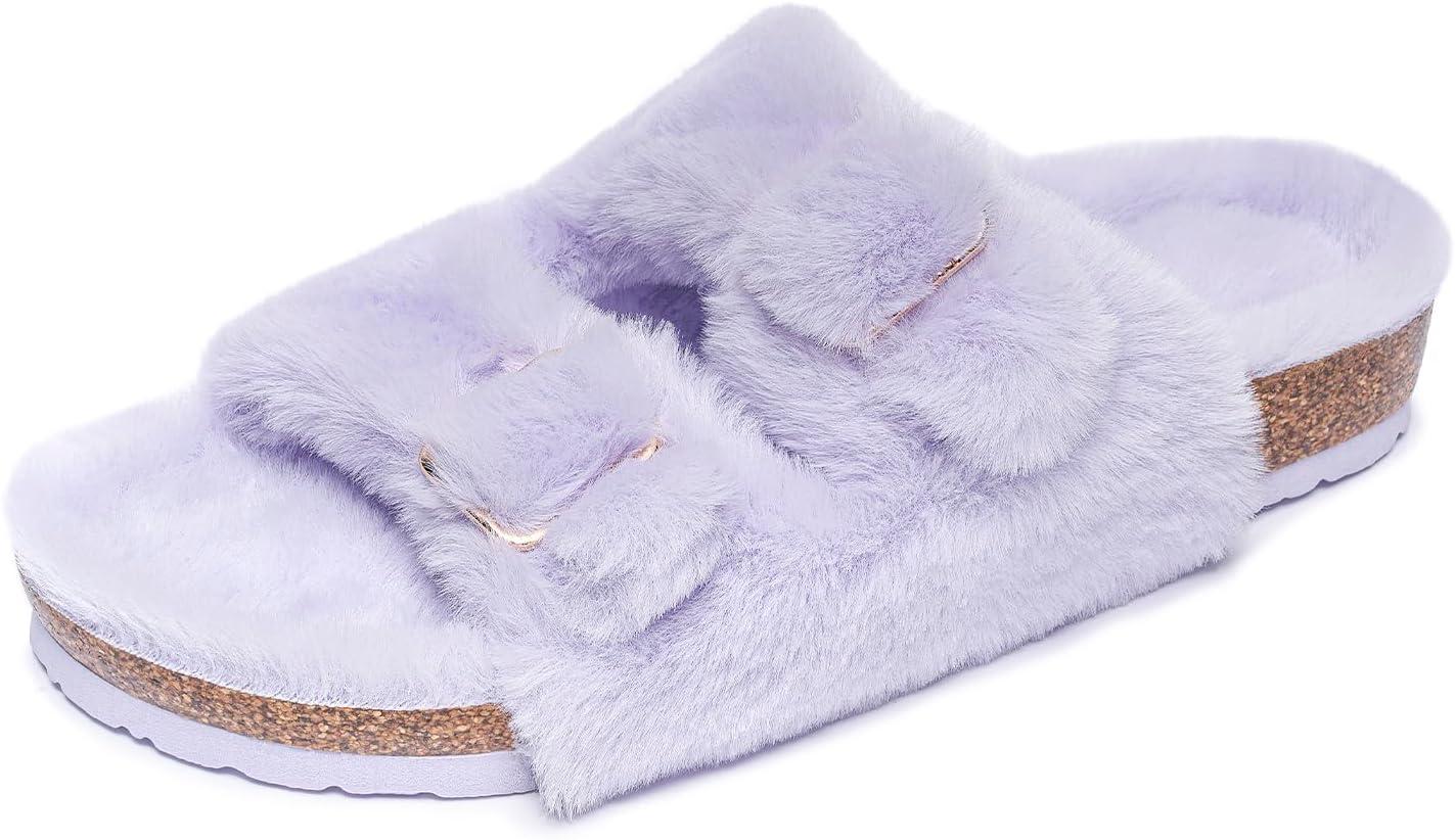 imageFITORY Womens Open Toe Slipper with Cozy LiningFaux Rabbit Fur Cork Slide Sandals Size 611Purple