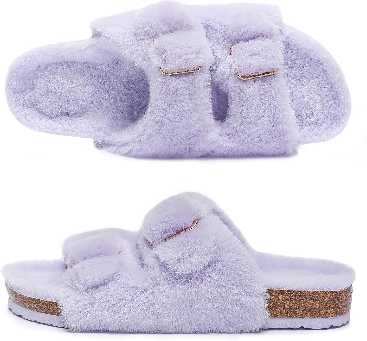 imageFITORY Womens Open Toe Slipper with Cozy LiningFaux Rabbit Fur Cork Slide Sandals Size 611Purple