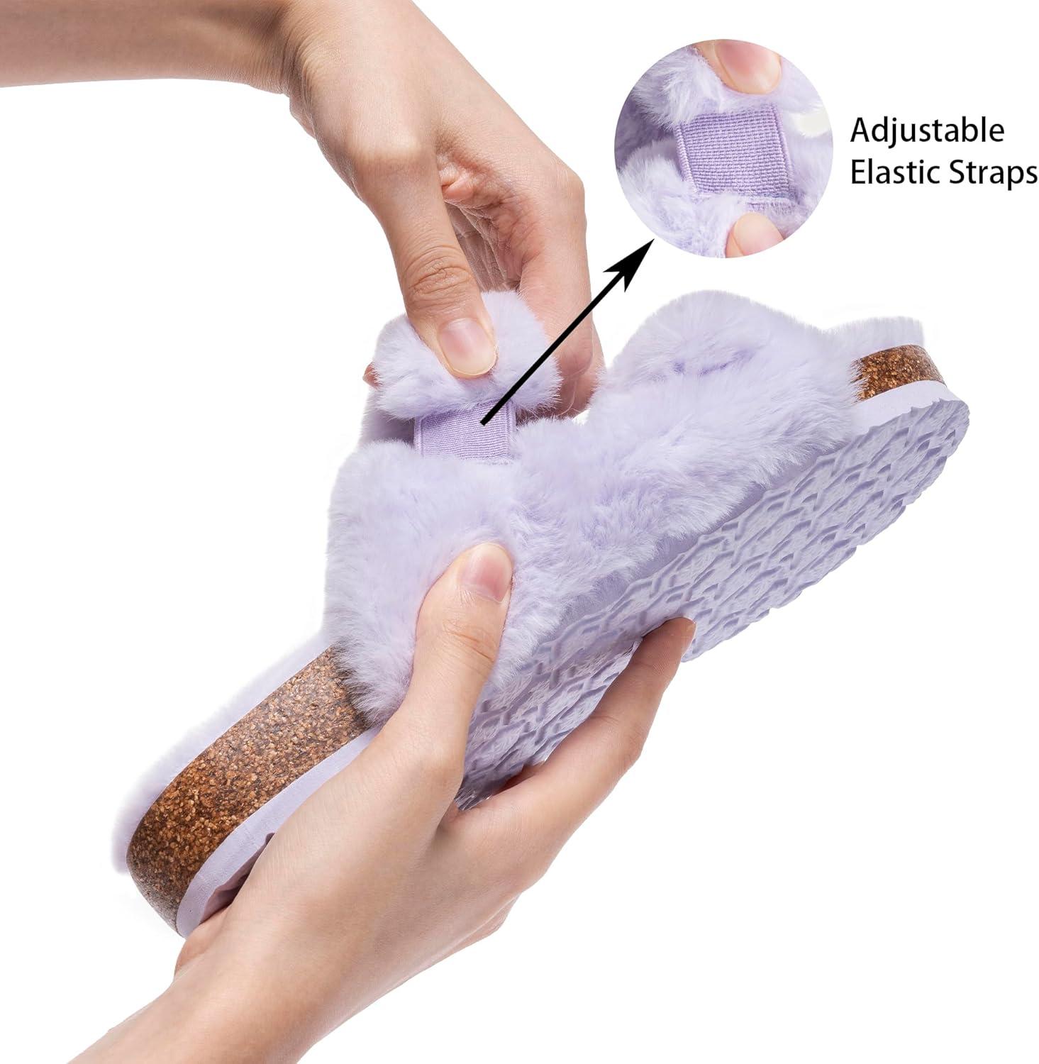 imageFITORY Womens Open Toe Slipper with Cozy LiningFaux Rabbit Fur Cork Slide Sandals Size 611Purple
