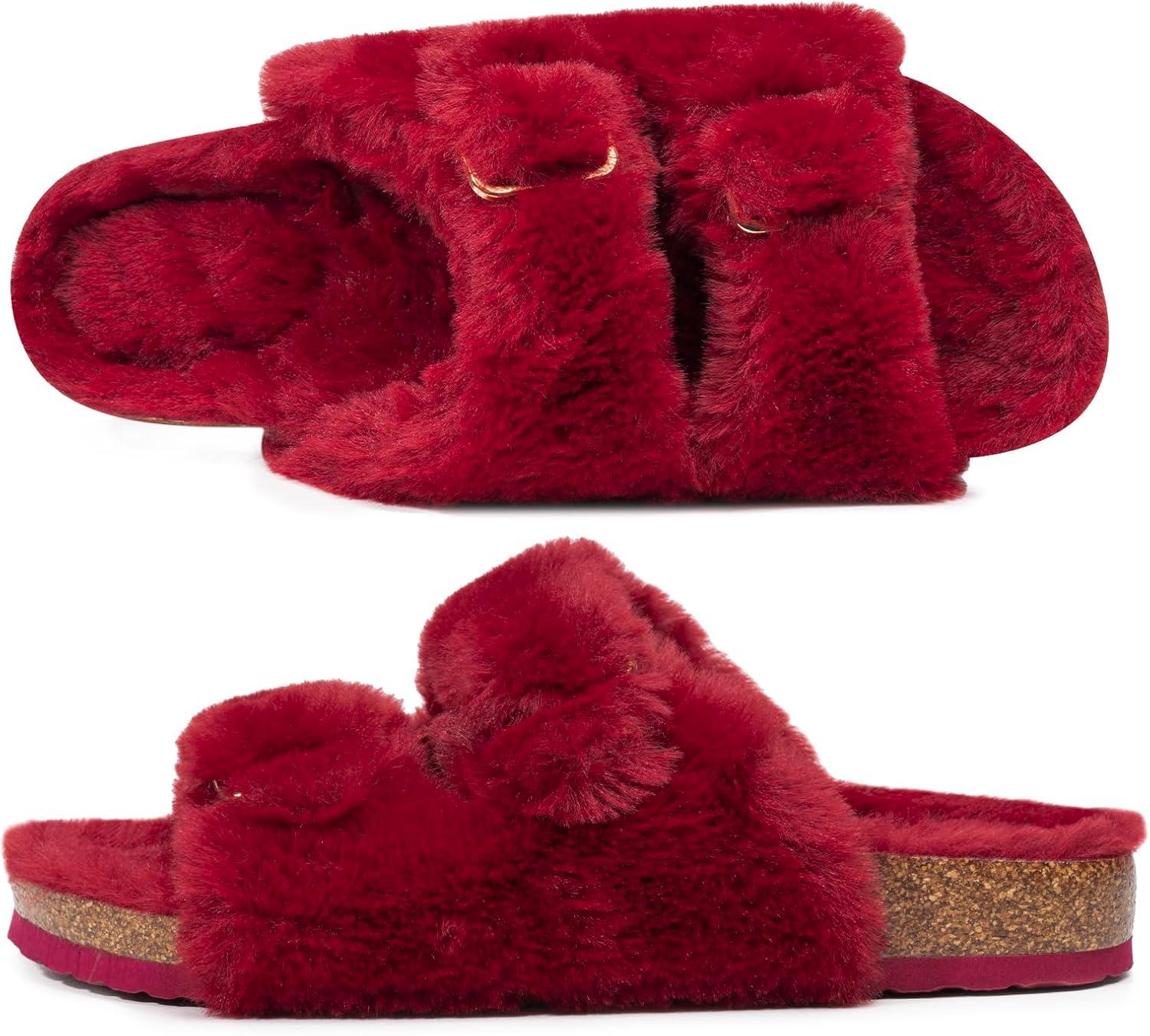 imageFITORY Womens Open Toe Slipper with Cozy LiningFaux Rabbit Fur Cork Slide Sandals Size 611Wine Red