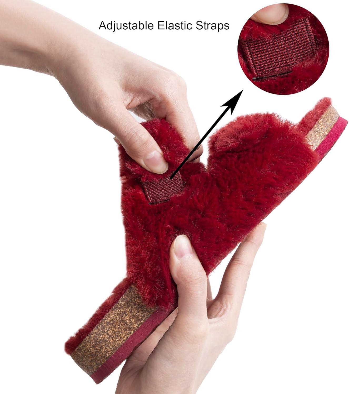 imageFITORY Womens Open Toe Slipper with Cozy LiningFaux Rabbit Fur Cork Slide Sandals Size 611Wine Red