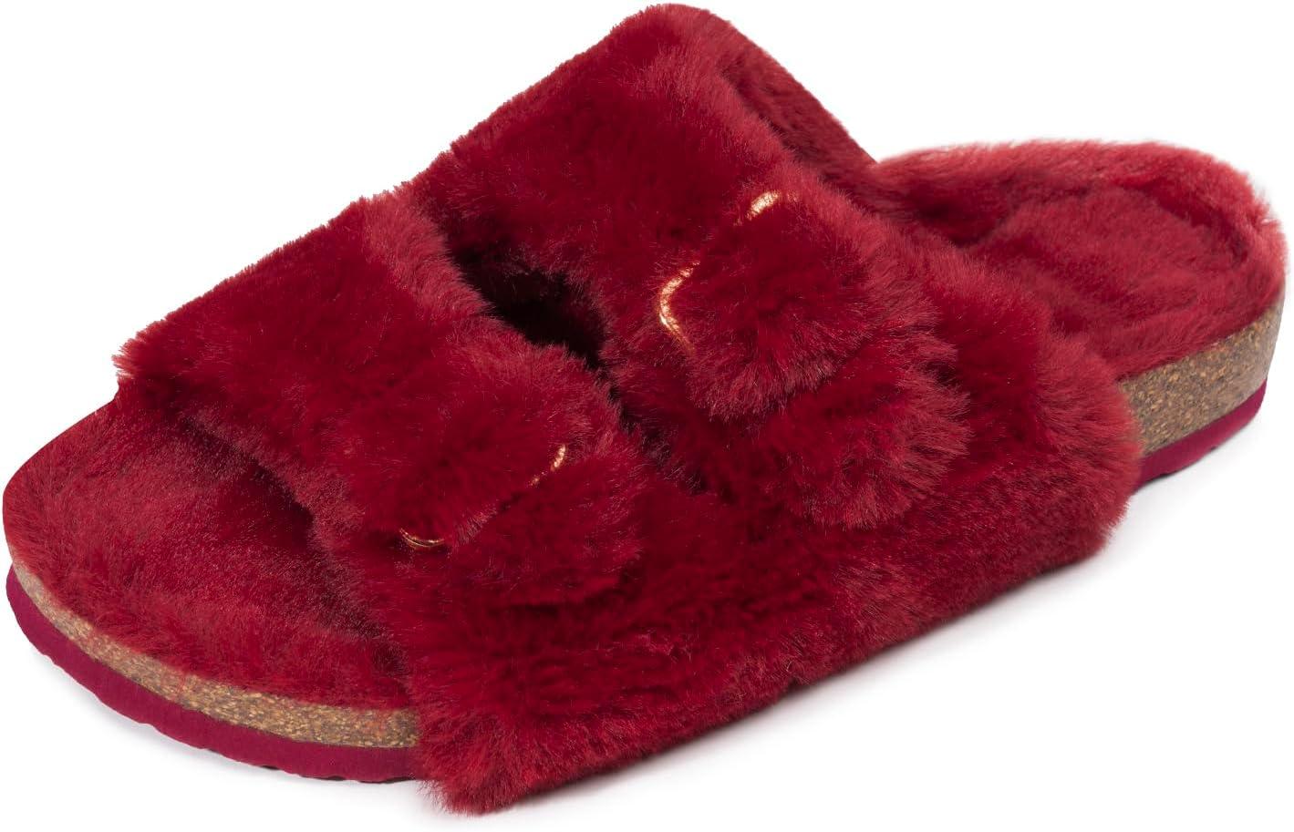 imageFITORY Womens Open Toe Slipper with Cozy LiningFaux Rabbit Fur Cork Slide Sandals Size 611Wine Red